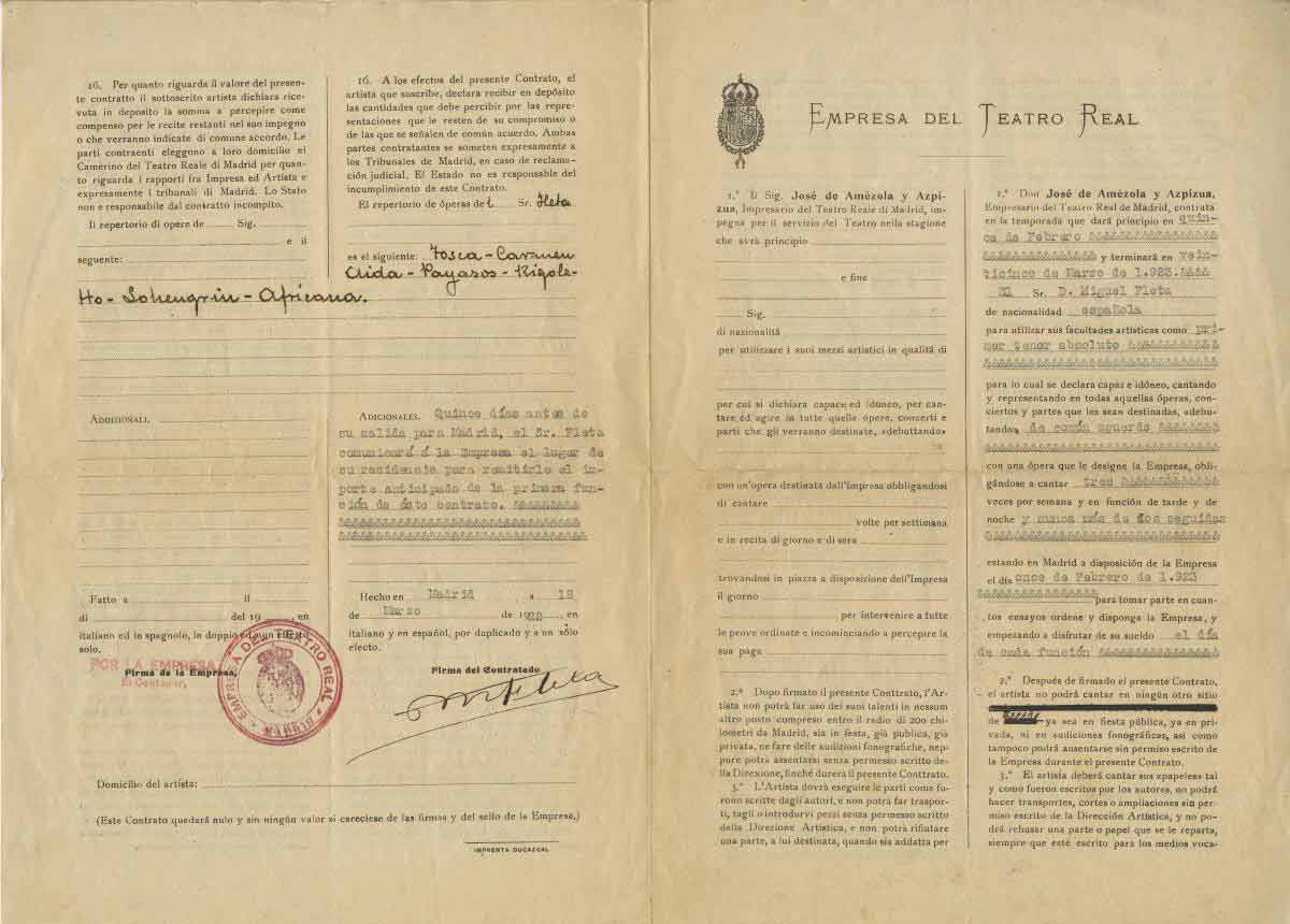 Contracte del Teatro Real de Madrid a Miguel Fleta de 1922. Fons Teatro Real i arxiu Luis París.