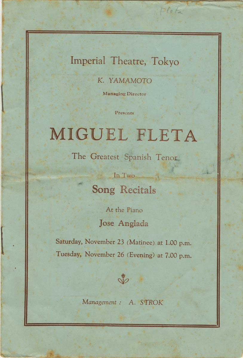 Programa d'un recital de Miguel Fleta al Teatre Imperial de Tokio.