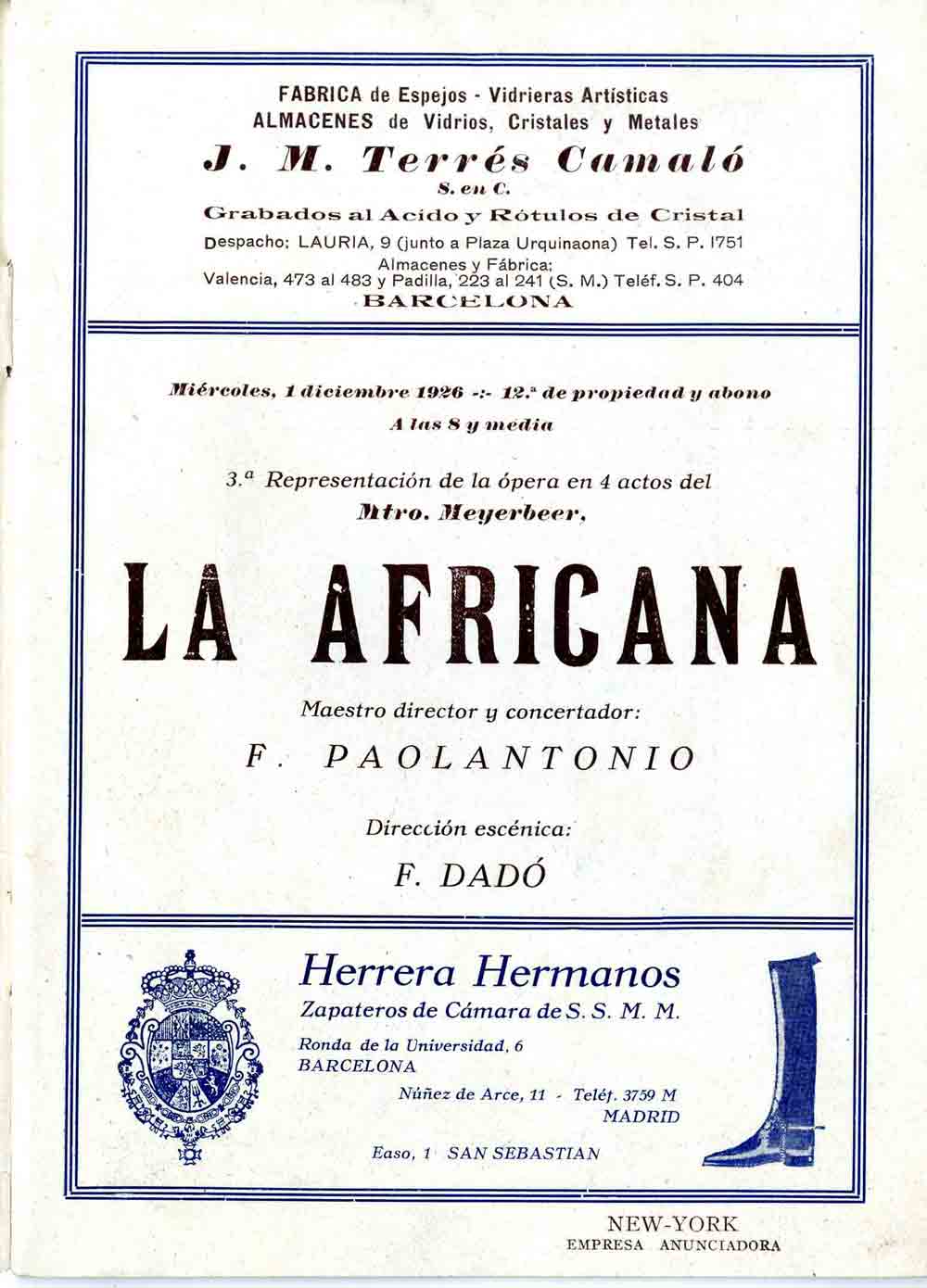 Programa de La africana, tercera representació al Gran Teatre del Liceu, 1 desembre 1926.
