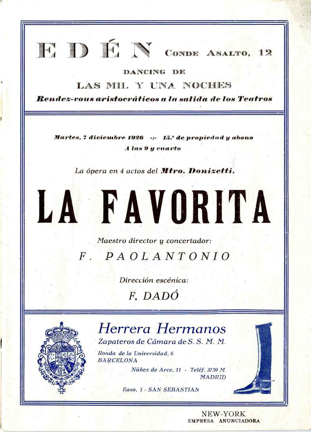 Programa de La favorita al Gran Teatre del Liceu, 7 desembre 1926.