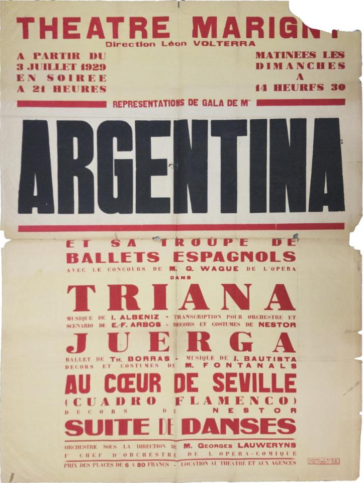 Cartell actuació La Argentina al Théâtre Marigni de París, juliol 1929. Fons Antonia Mercé "La Argentina" del MAE