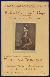 Cartell del Festival Centenario Goya al Gran Teatre del Liceu el 1928 amb un retrat de Teresina Boronat realitzat per Ignacio Zuloaga