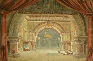 Esbós escenogràfic de Maurici Vilomara per a l'ópera Els Pirineus, de Felip Pedrell, amb llibret de Victor Balaguer, estrenada el 4 de gener de 1902 al Gran Teatre del Liceu