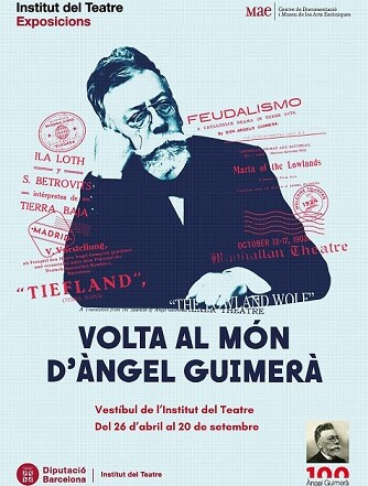 Cartell de Volta al món d'Àngel Guimerà, exposició temporal, Vestíbul de l'Institut del Teatre de Barcelona, del 26 d'abril al 20 de setembre 2024