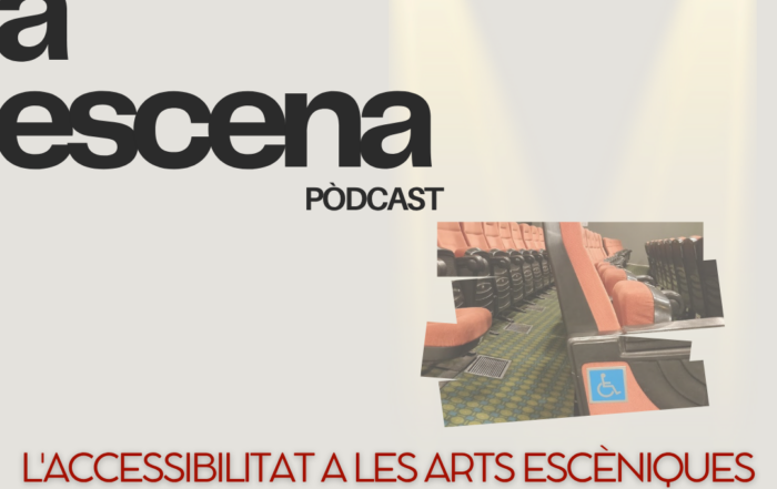 "Cartell del pòdcast Tothom a escena: 'L'accessibilitat a les arts escèniques'. Filera de butaques de teatre amb el símbol d'accessibilitat. Logotips de l'Institut del Teatre, la Diputació de Barcelona i el MAE."