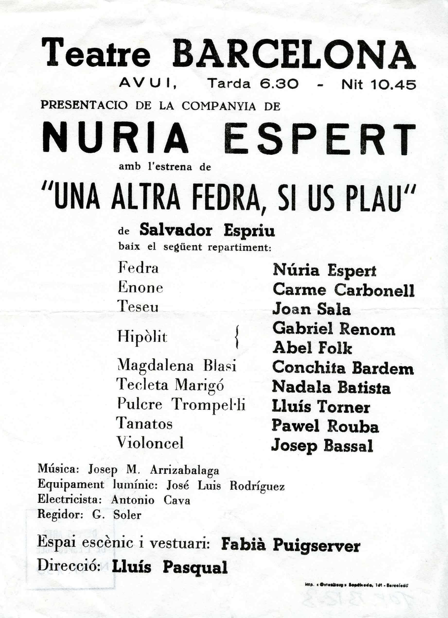 Programa. Una altra Fedra, si us plau. Companyia Núria Espert. Teatre Barcelona. 1978