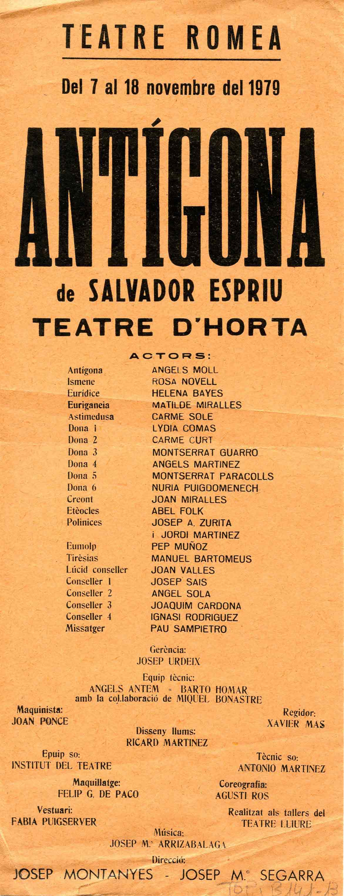 Programa de mà. Antígona. Teatre Romea. 1979