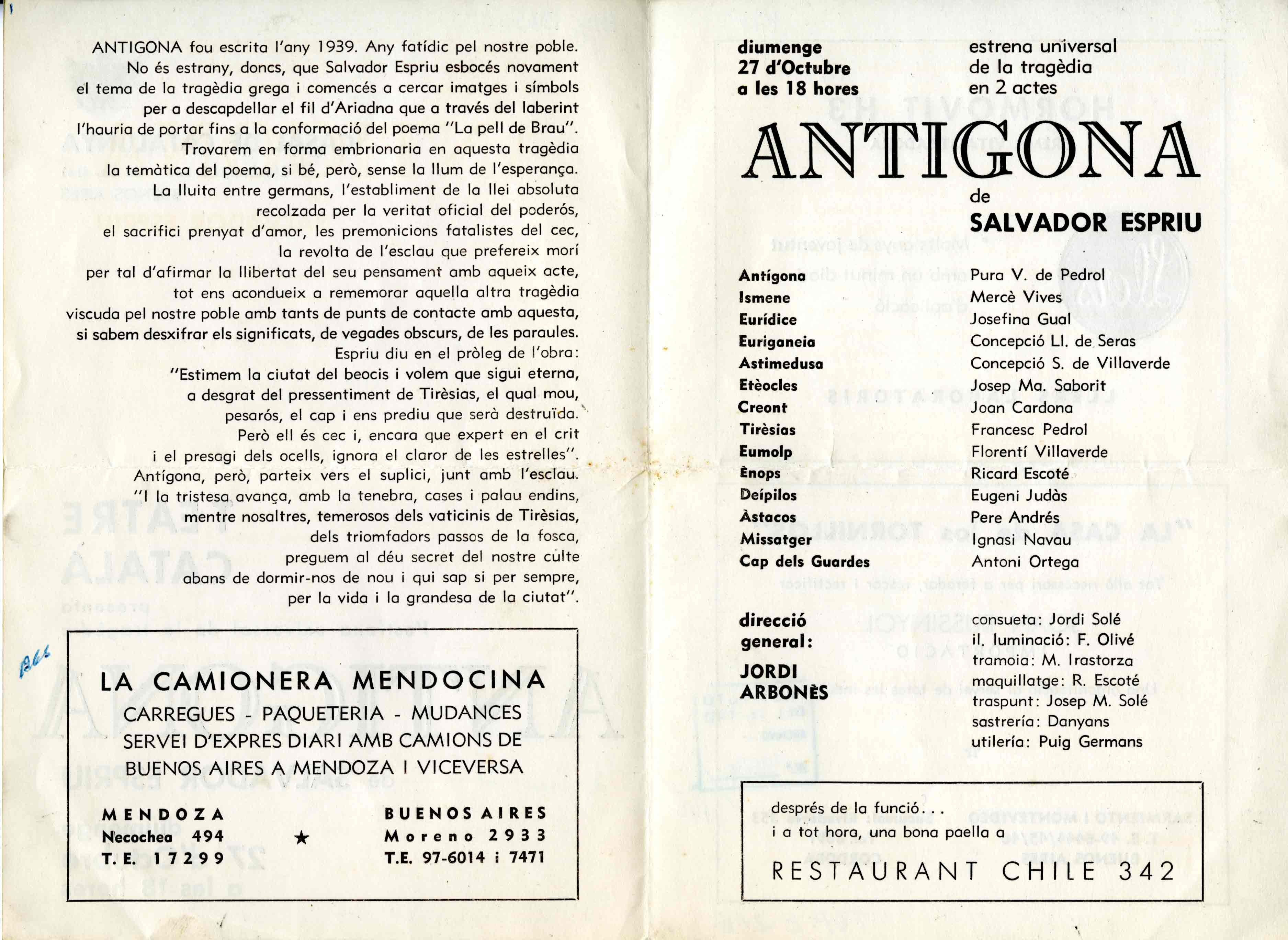 Programa. Antigona. Casal de Catalunya (Buenos Aires). 1963