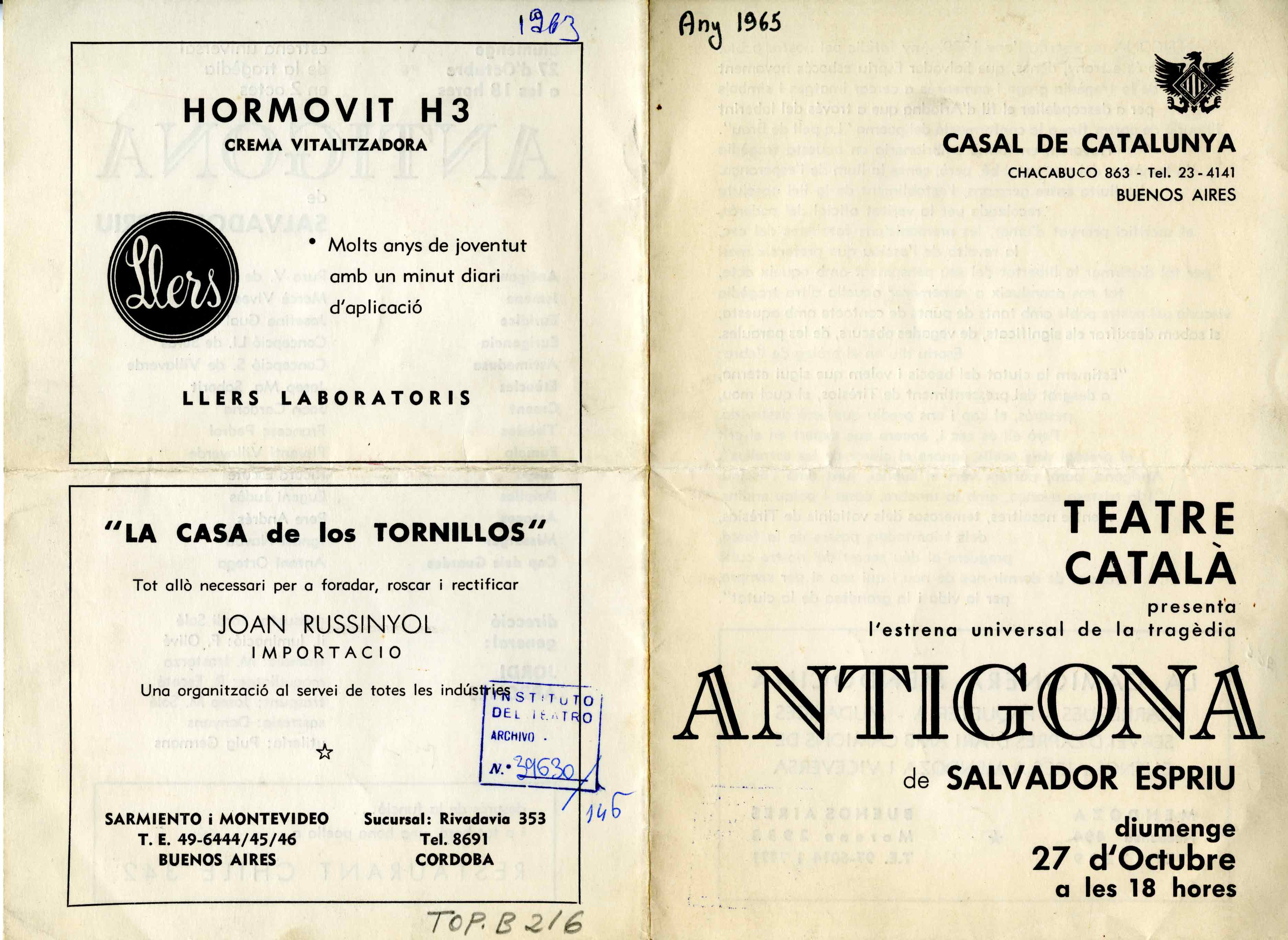 Programa. Antigona. Casal de Catalunya (Buenos Aires. 1963