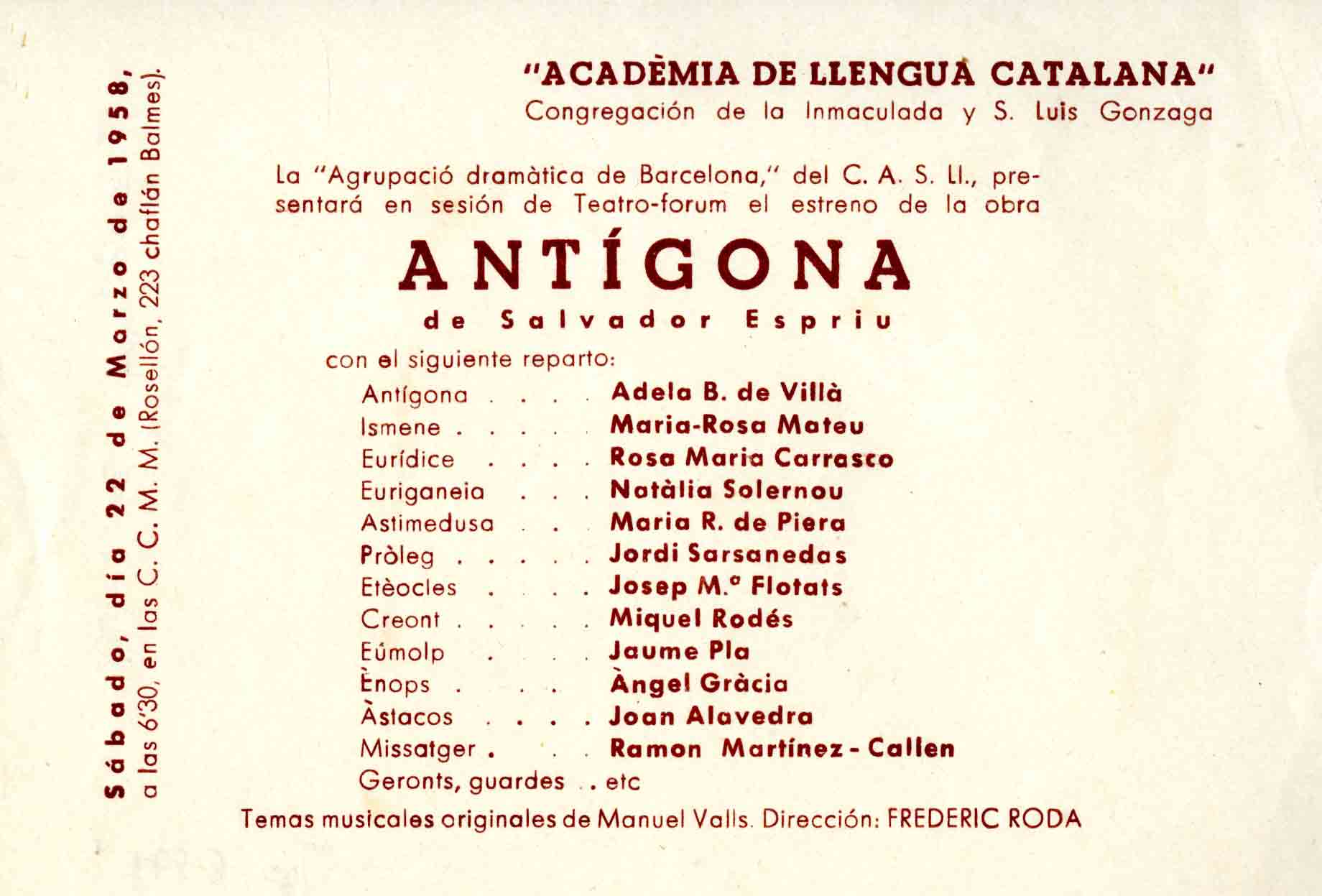 Programa. Antígona. ADB. Fòrum Vergès (CC.MM.). 1958