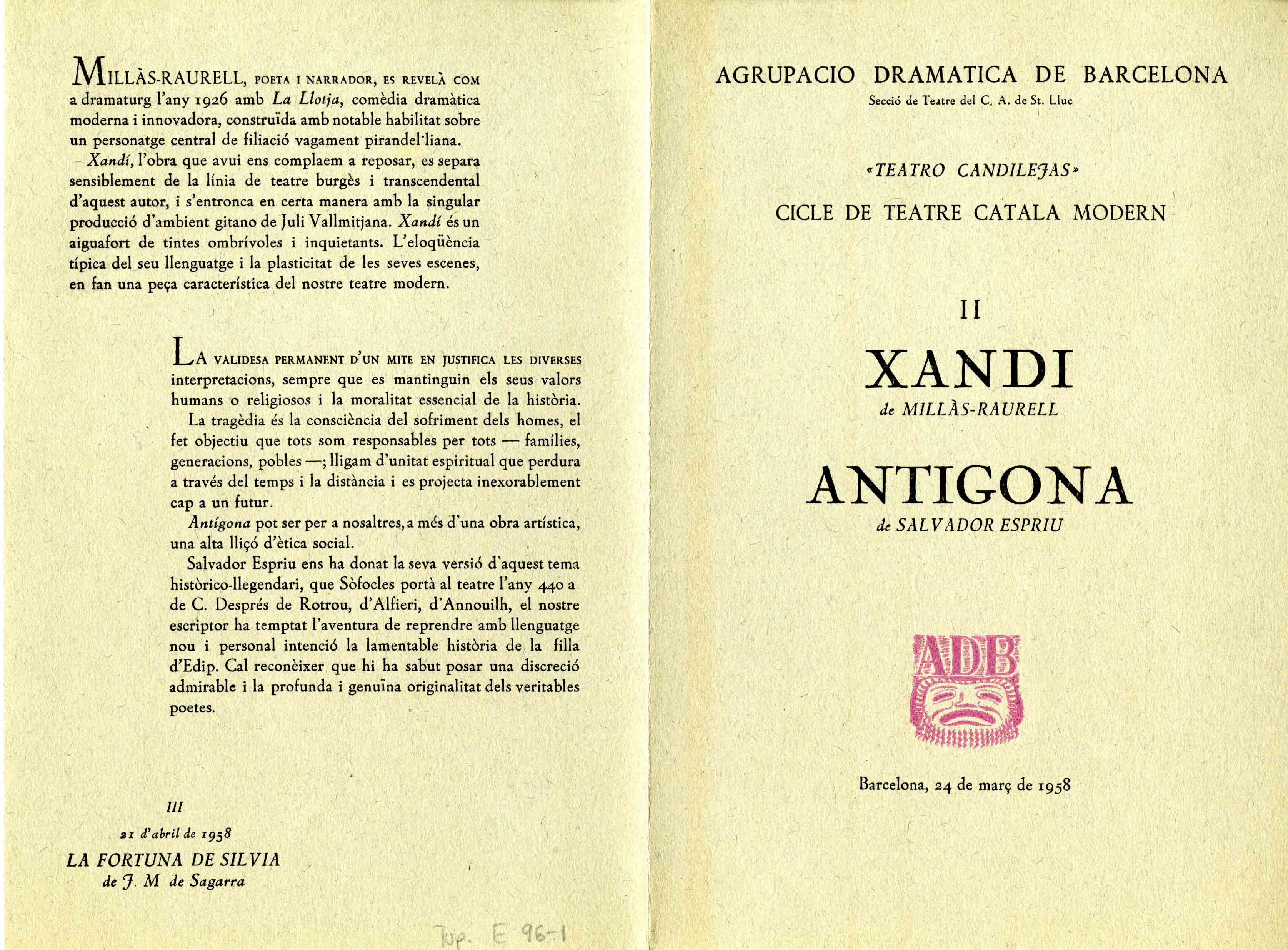 Programa. Antígona. ADB. Candilejas. 1958