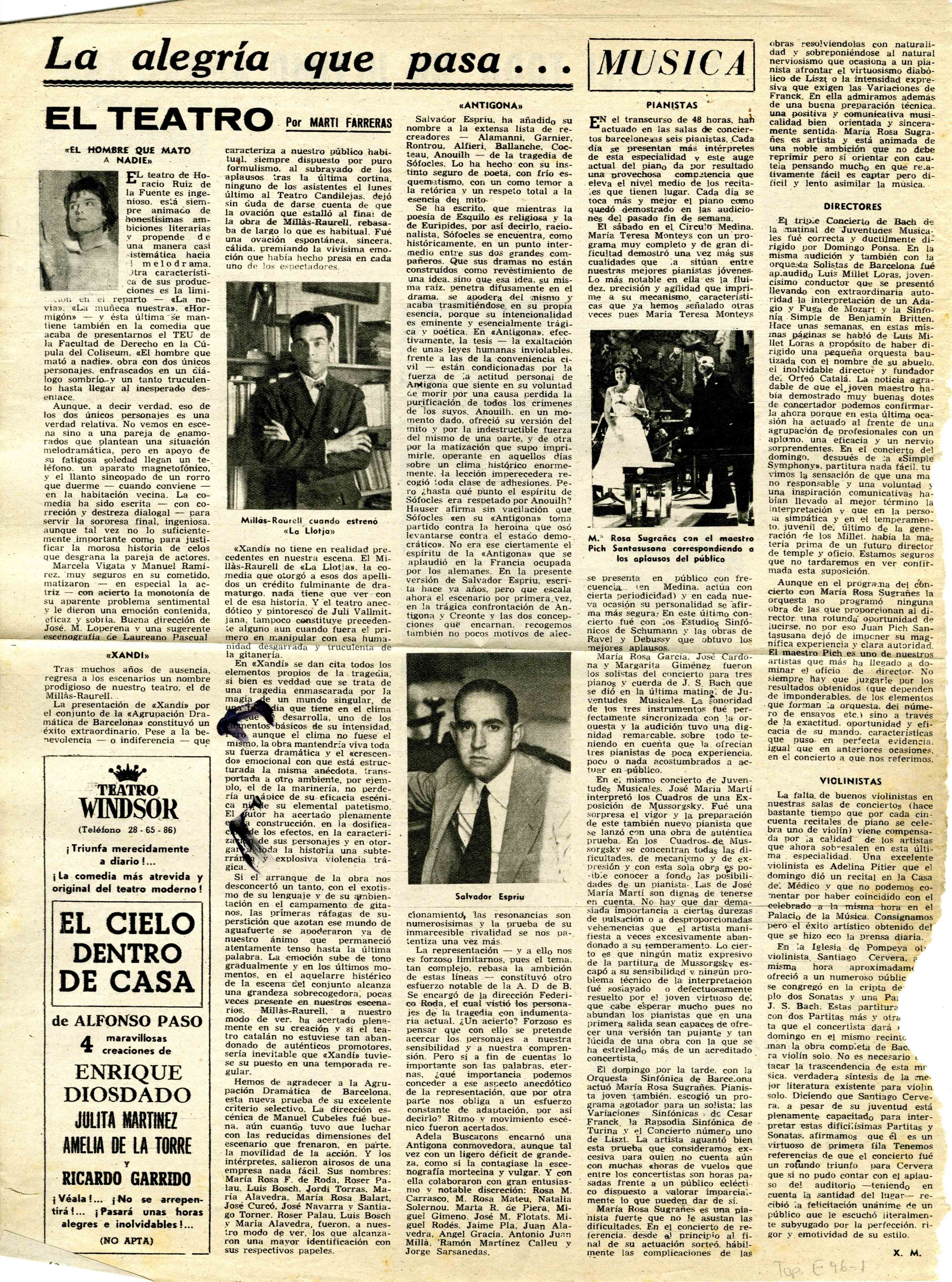 Crítica. Martí Farreras. La alegría que pasa... Diari de Barcelona. 26/03/1958