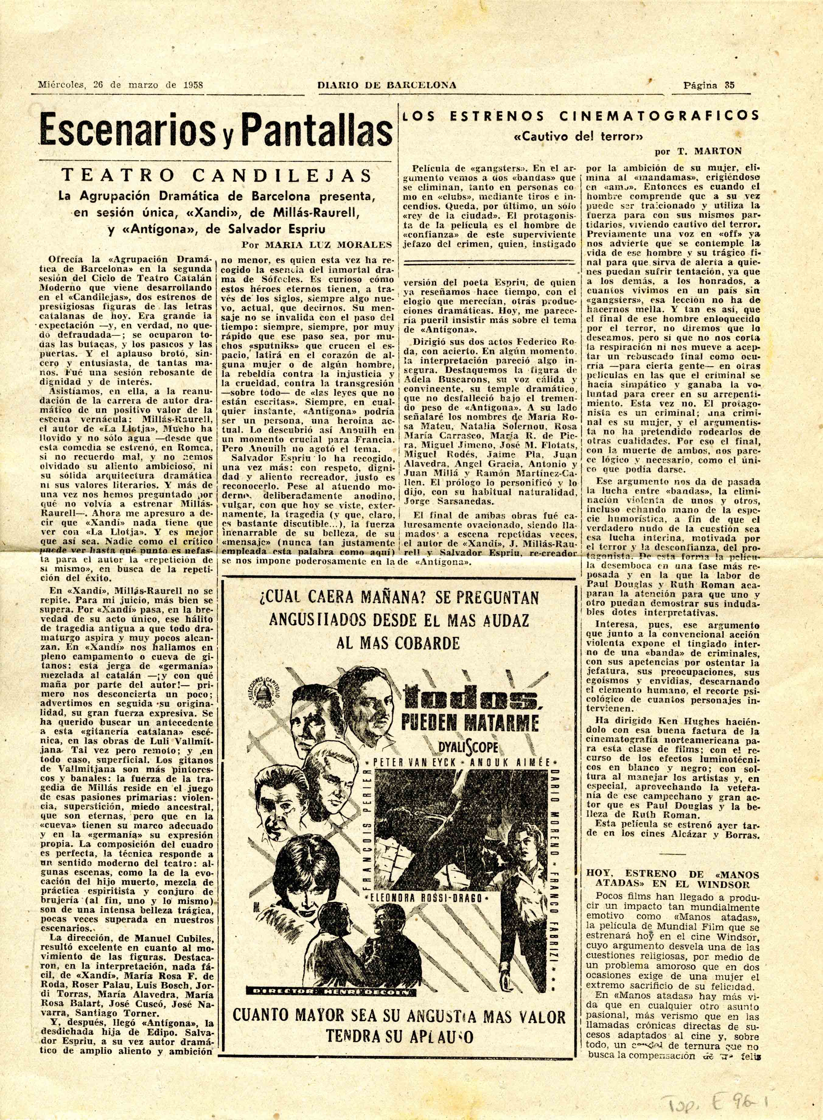 Crítica. Martí Farreras. La alegría que pasa... Diari de Barcelona. 26/03/1958