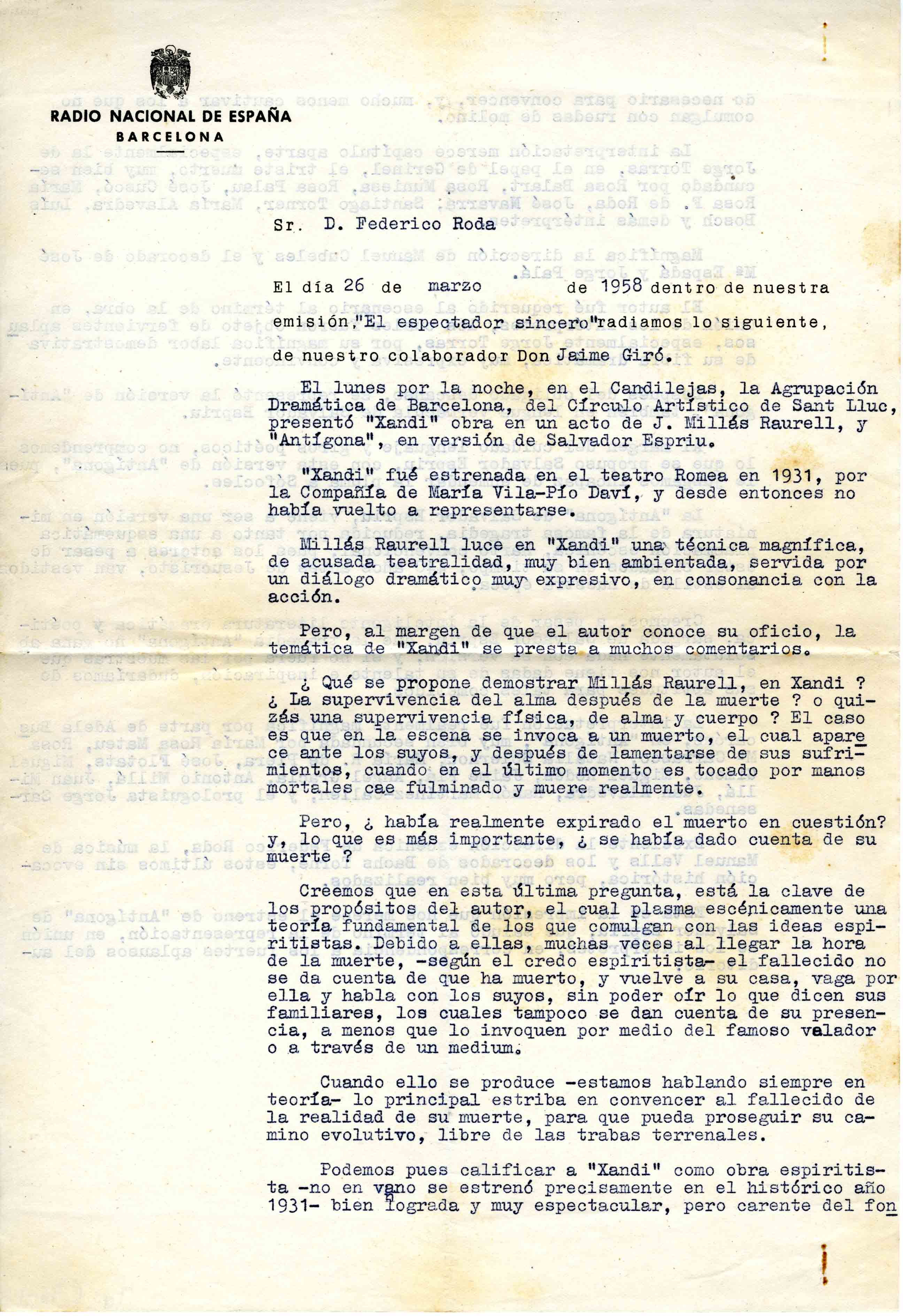 Crítica. Radio Nacional de España. 26/03/1958