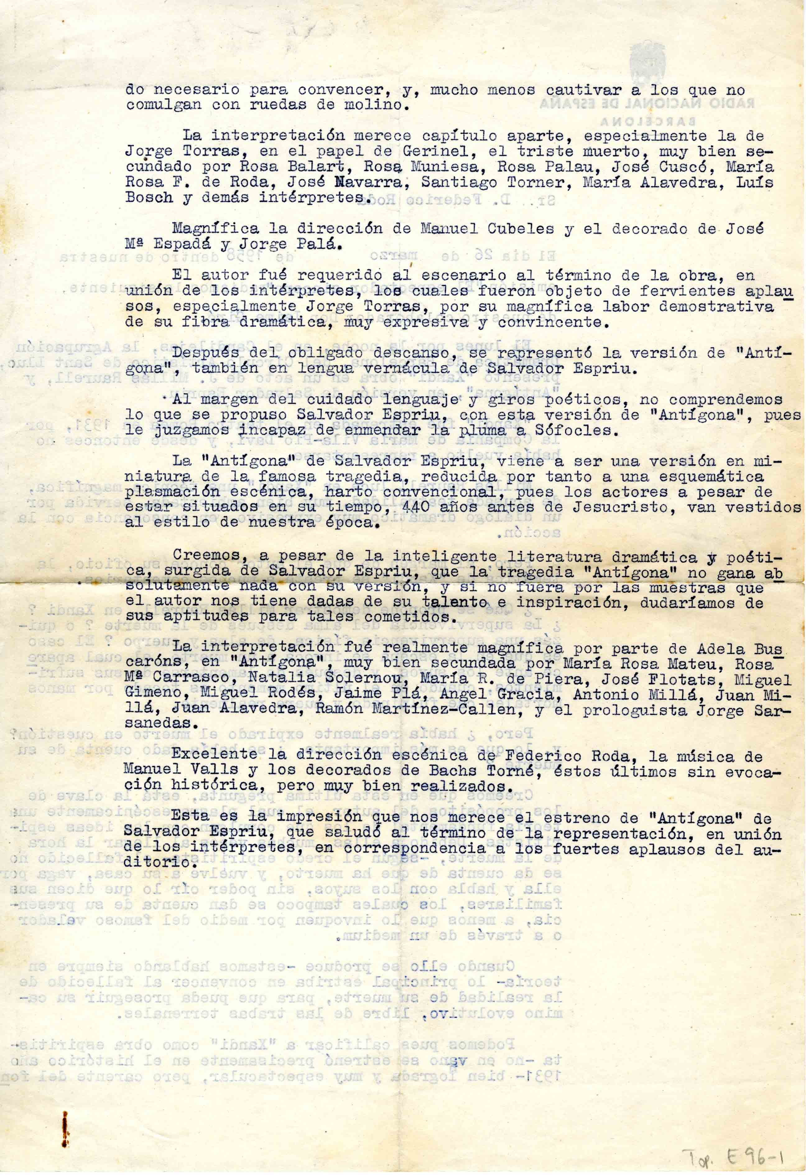 Crítica. Radio Nacional de España. 26/03/1958