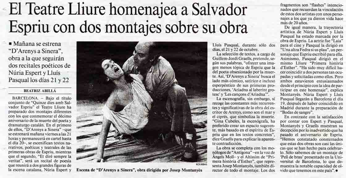 Abillá, Beatriz. El Teatre Lliure homenajea a Salvador Espriu con dos montajes sobre su obra. La Vanguardia, 12/10/1995. Pàg. 42