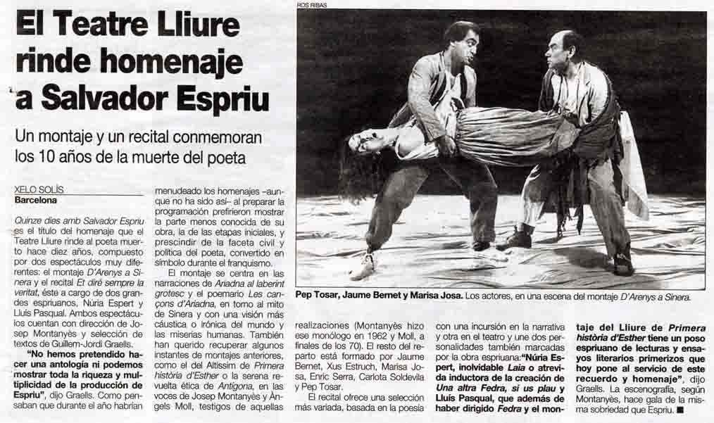 Solís, Xelo. El Teatre Lliure rinde homenaje a Salvador Espriu. El Periódico, 13/10/1995. Pàg. 48