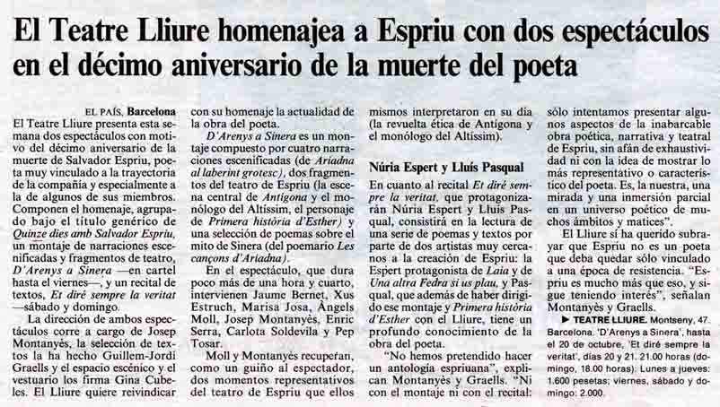 El Teatre Lliure homenajea a Espriu con dos espectáculos en el décimo aniversario de la muerte del poeta. El Pais, 17/10/1995. Pàg. 12