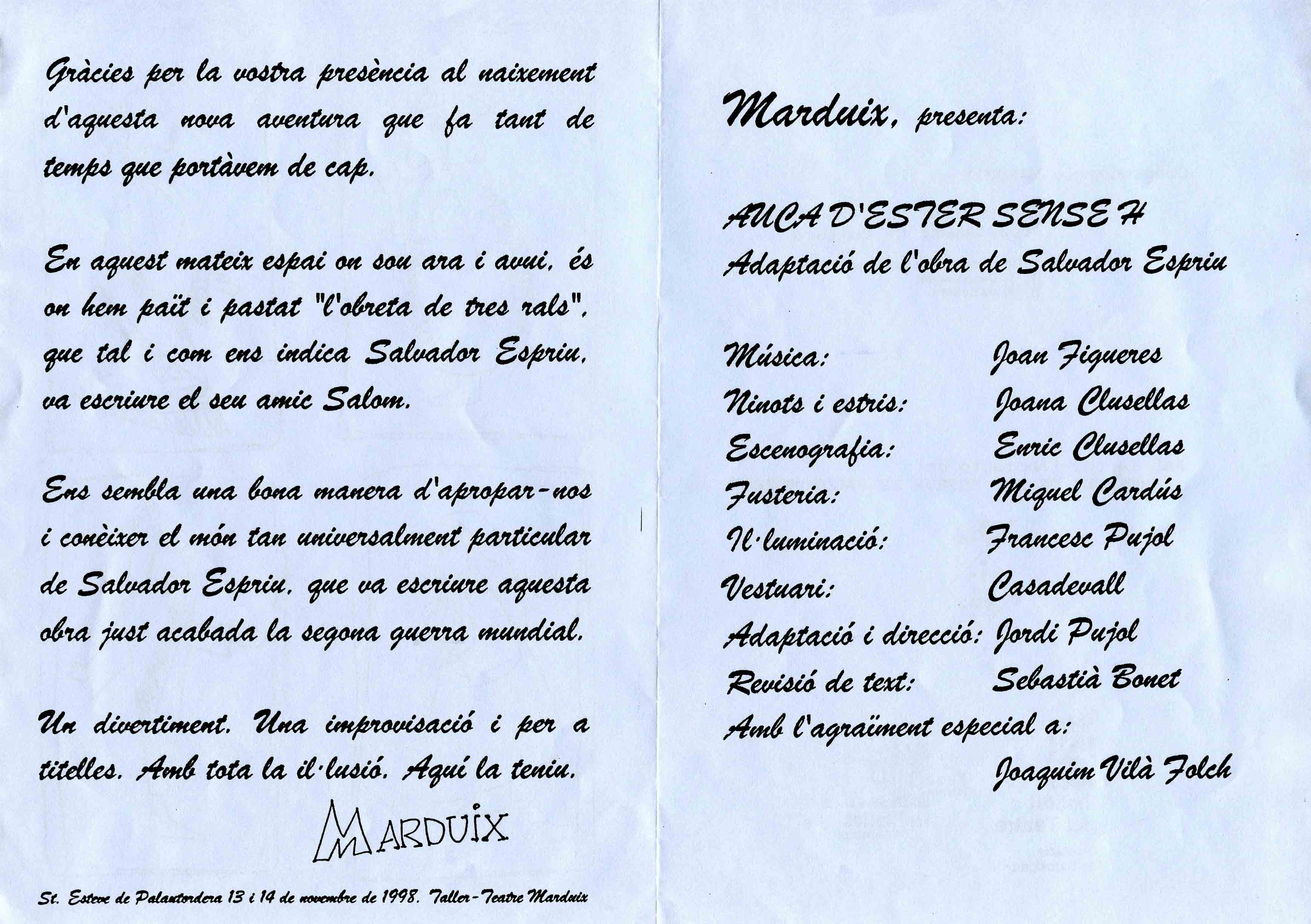 Programa de mà. Auca d'Ester sense hac. Marduix. 1998