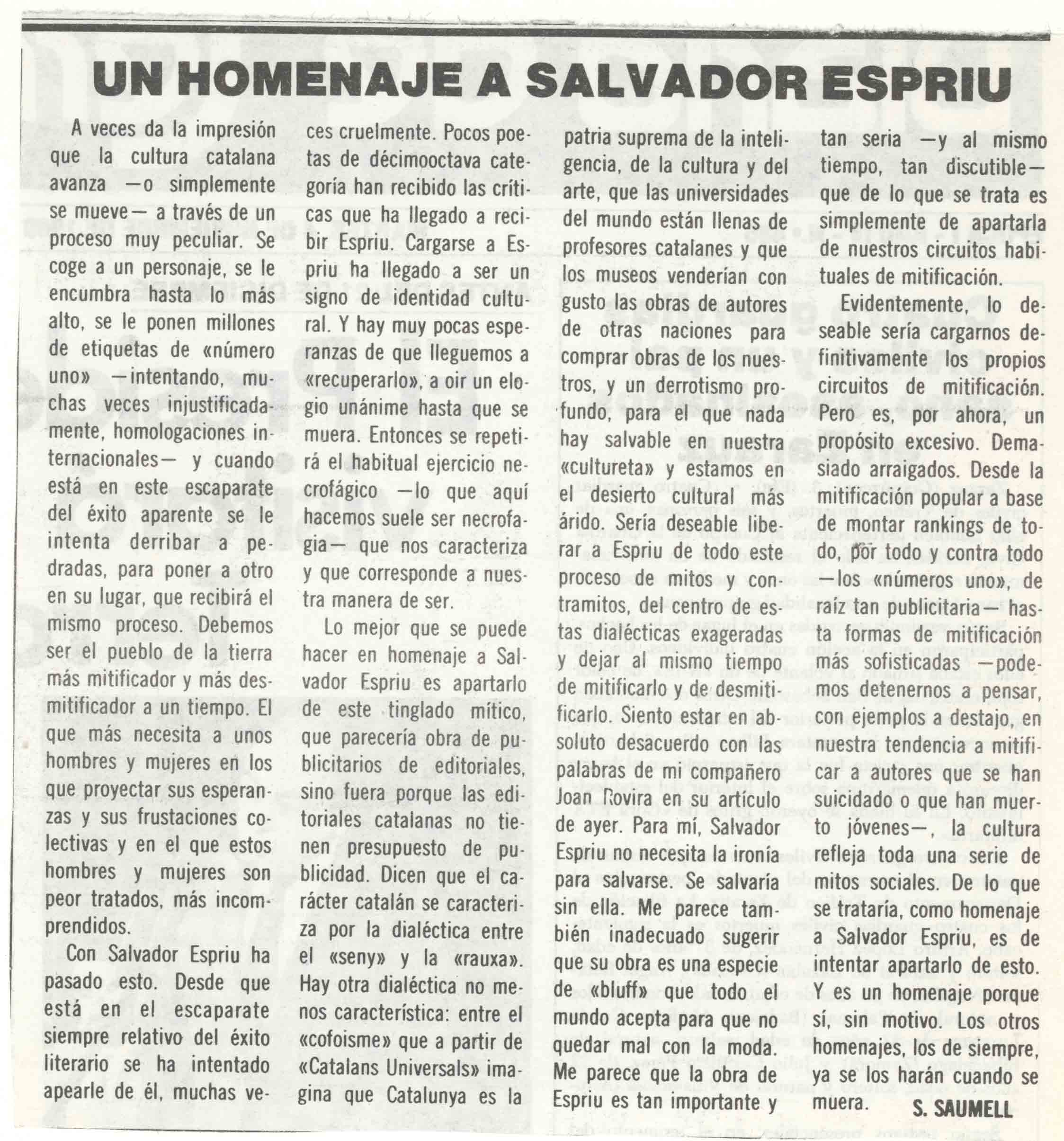 S. Saumell. Un homenaje a Salvador Espriu. Diari de Terrassa