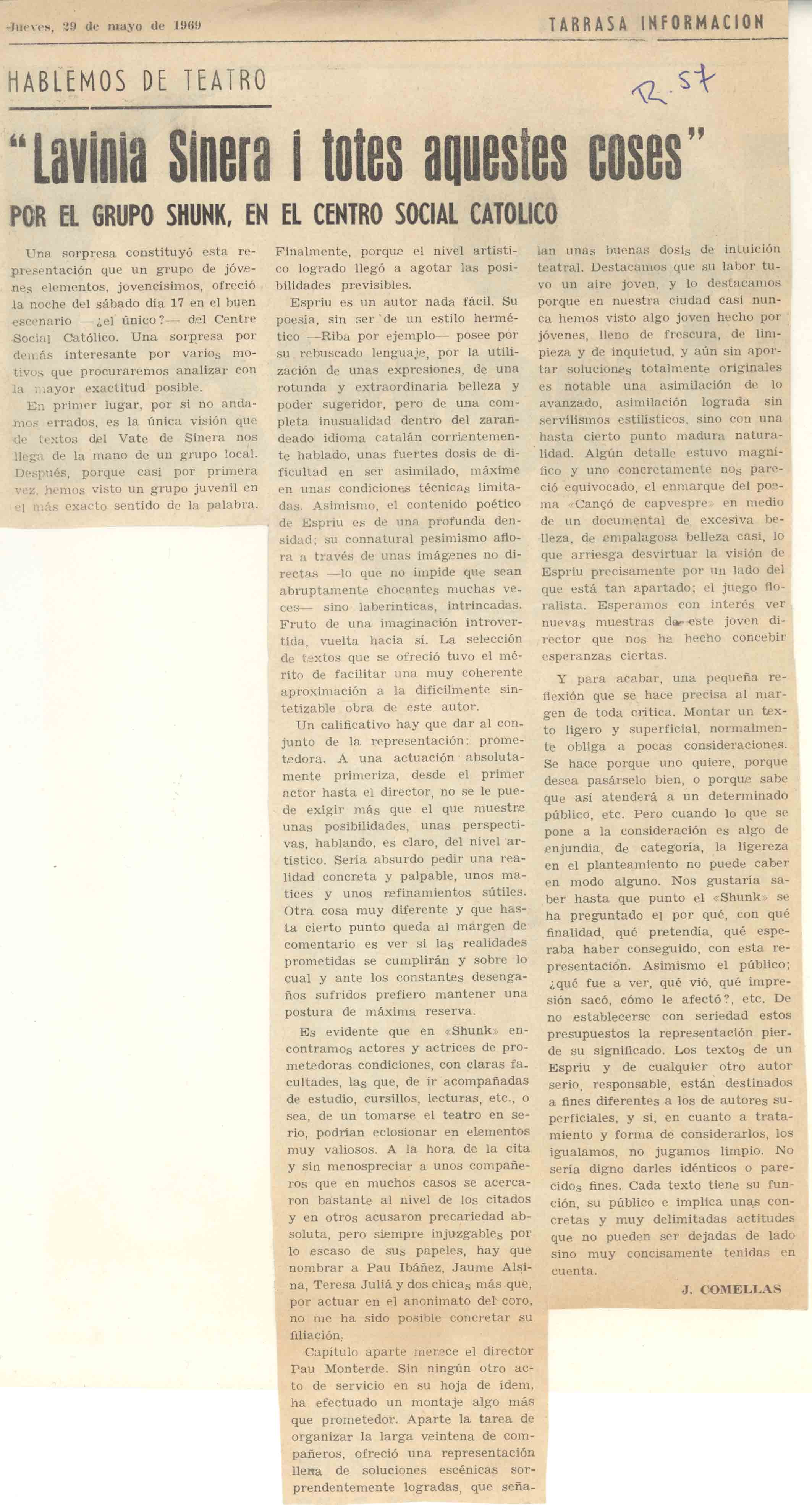 Crítica. J. Comellas. Tarrassa informació, 29 maig 1969
