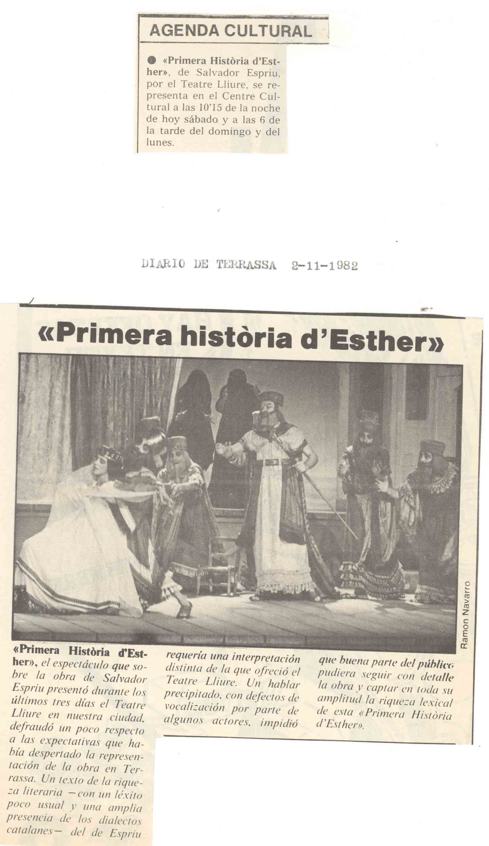 Agenda Cultural. Primera història d'Esther. Diario de Terrassa, 02/11/1982
