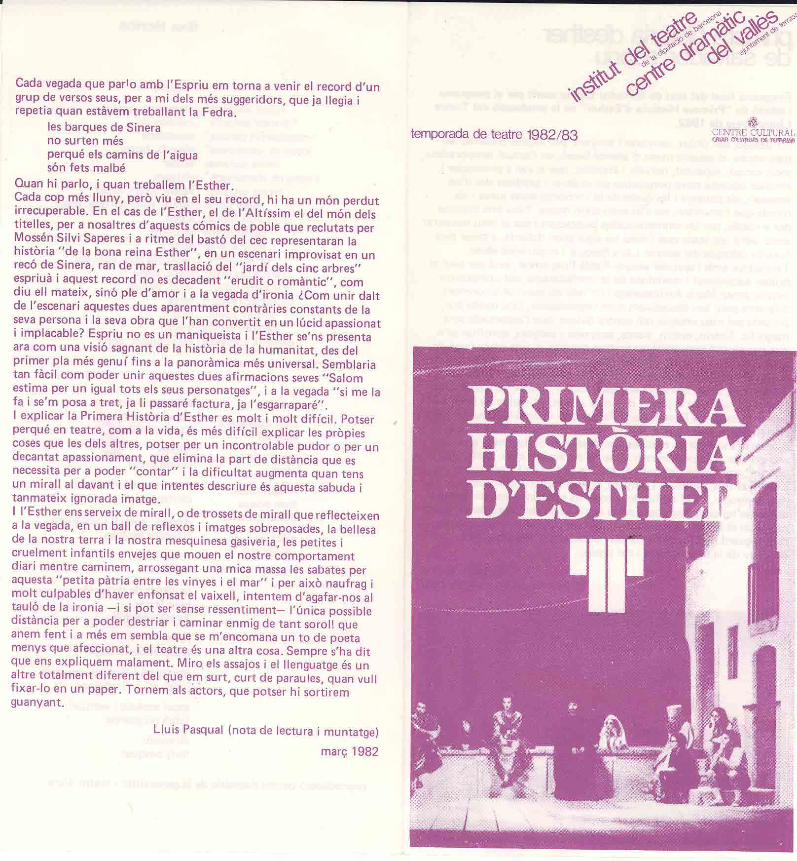 Programa de mà. Primera històra d'Esther. Centre Cultural de la Caixa d'Estalvis de Terrassa, 1982