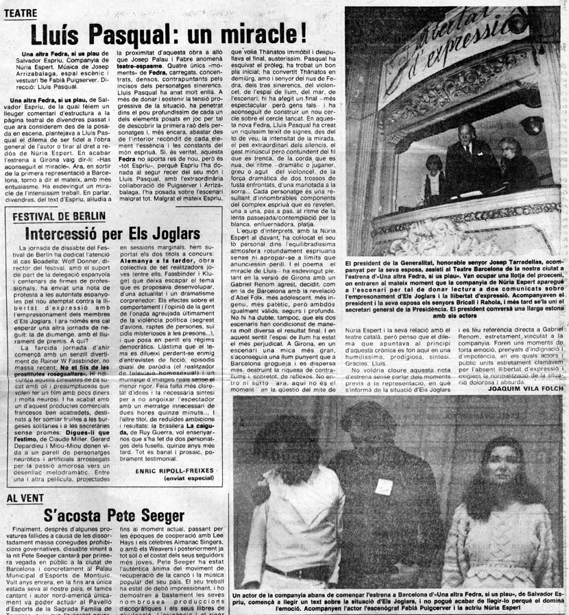 Vila Folch, Joaquim. Lluís Pasqual: un miracle!. Avui, 05/03/1978. Pàg. 29
