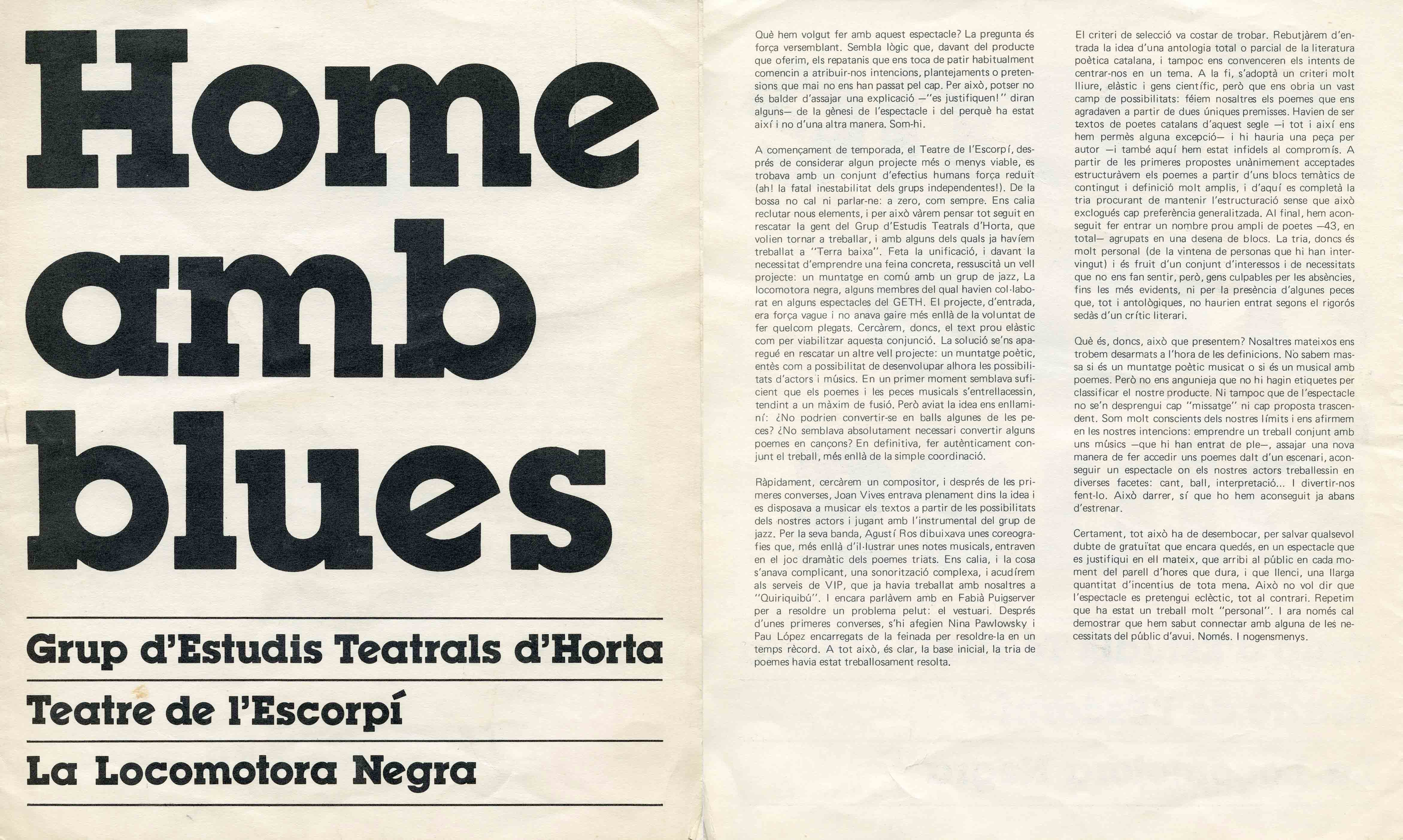 Programa de mà. Home amb blues. Teatre de l'Escorpí. La locomotora negra. 1977