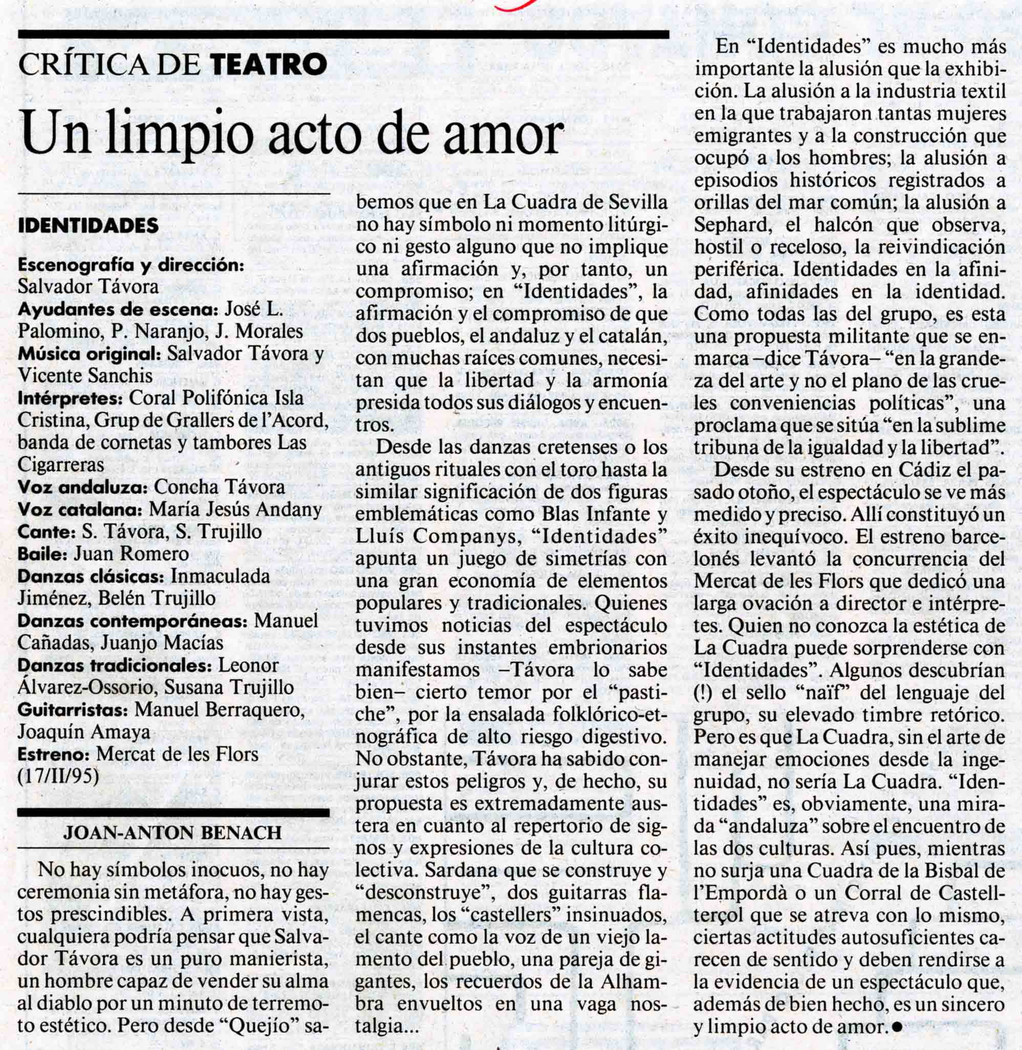 Crítica. Joan-Anton Benach. Un limpio acto de amor. La Vanguardia, 25/02/1995