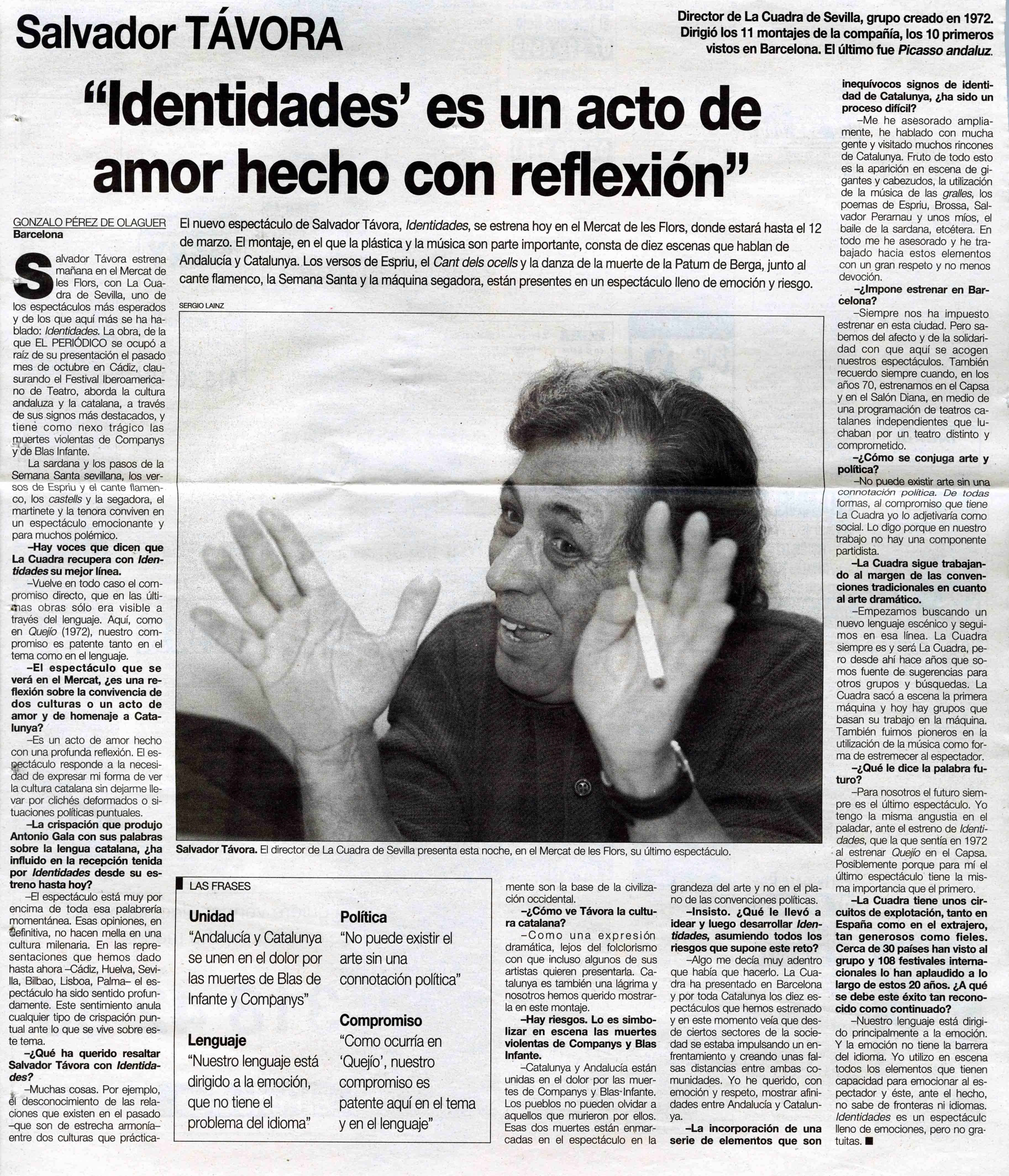Crítica. G. Pérez de Olaguer. Identidades es un acto de amor hecho con reflexión. El Periódico. 17/02/1995