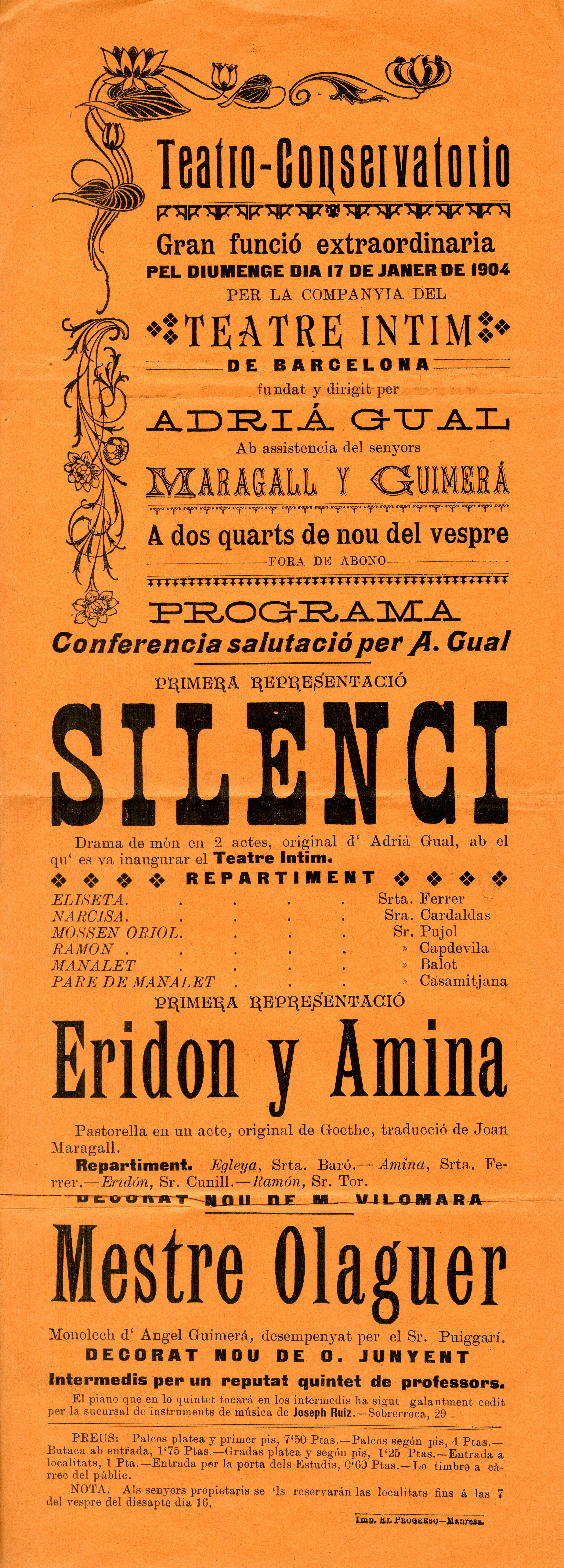 Programa de mà. Eridon i Amina. Fons Gual. Top. 8-10