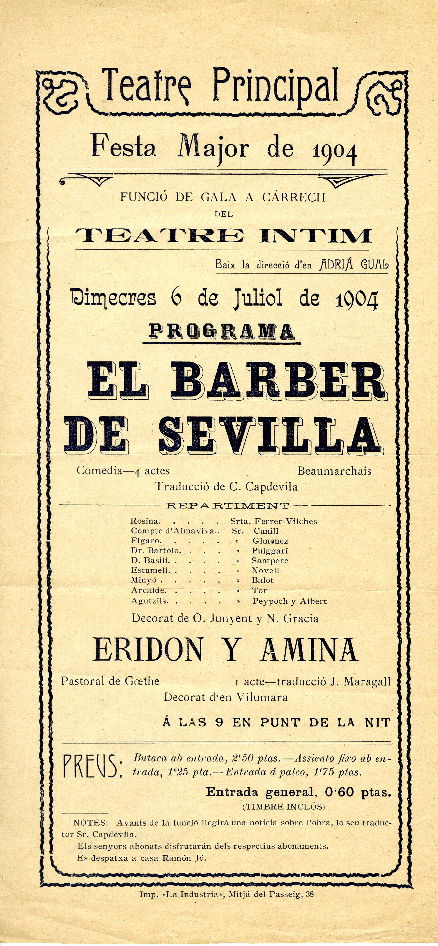 Programa de mà. Eridon i Amina. Fons Gual. Top. 8-10