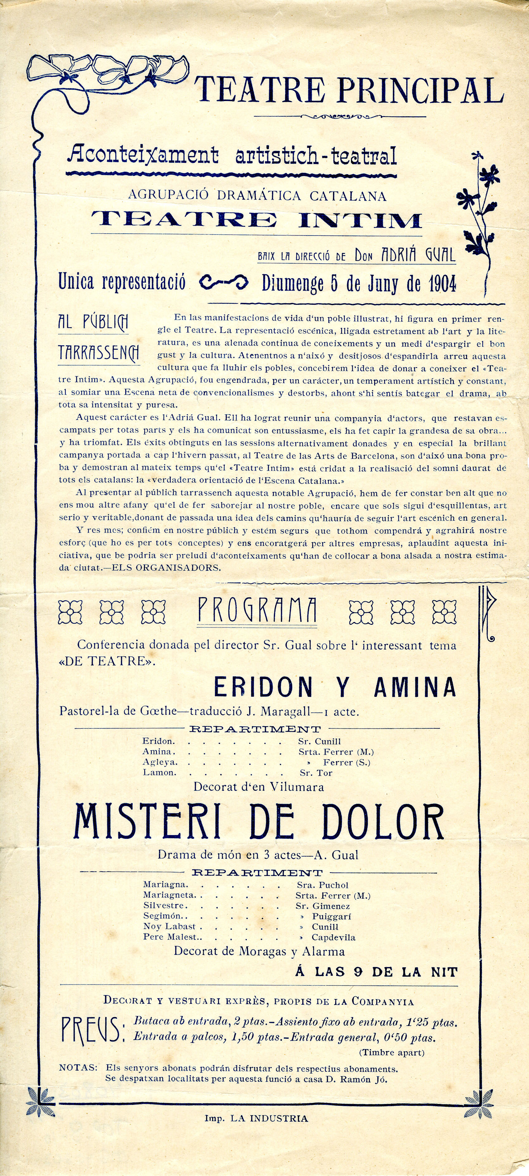Programa de mà. Eridon i Amina. Fons Gual. Top. 8-10