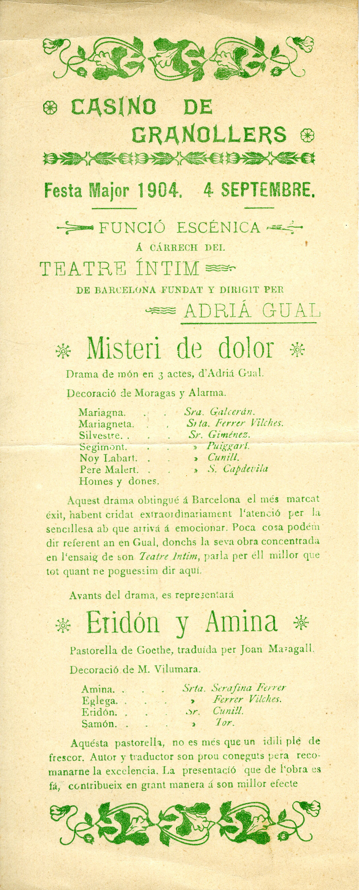 Programa de mà. Eridon i Amina. Fons Gual. Top. 8-10