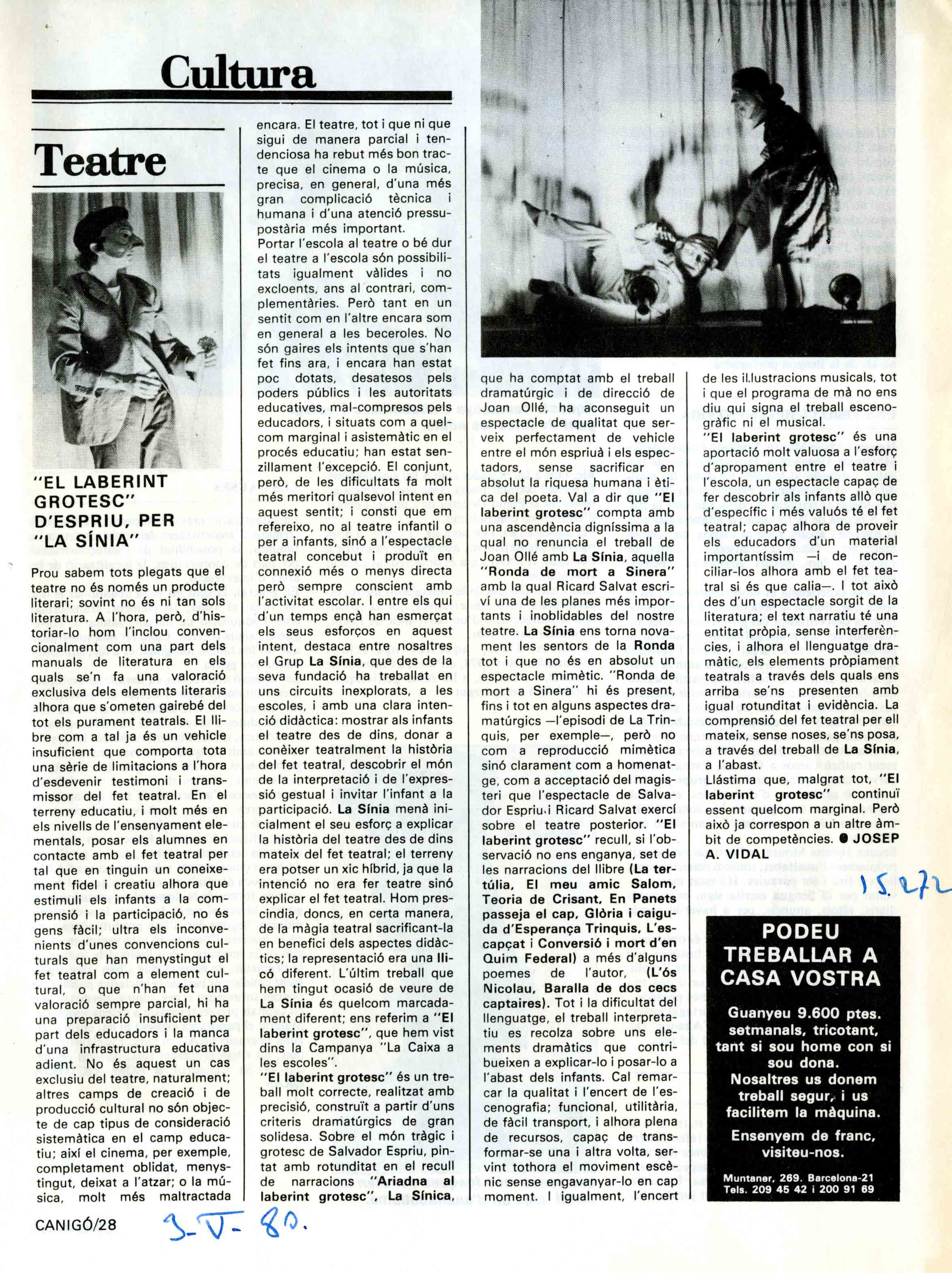 Premsa. Vidal, Josep A. Canigó. Cultura, 03/05/1980