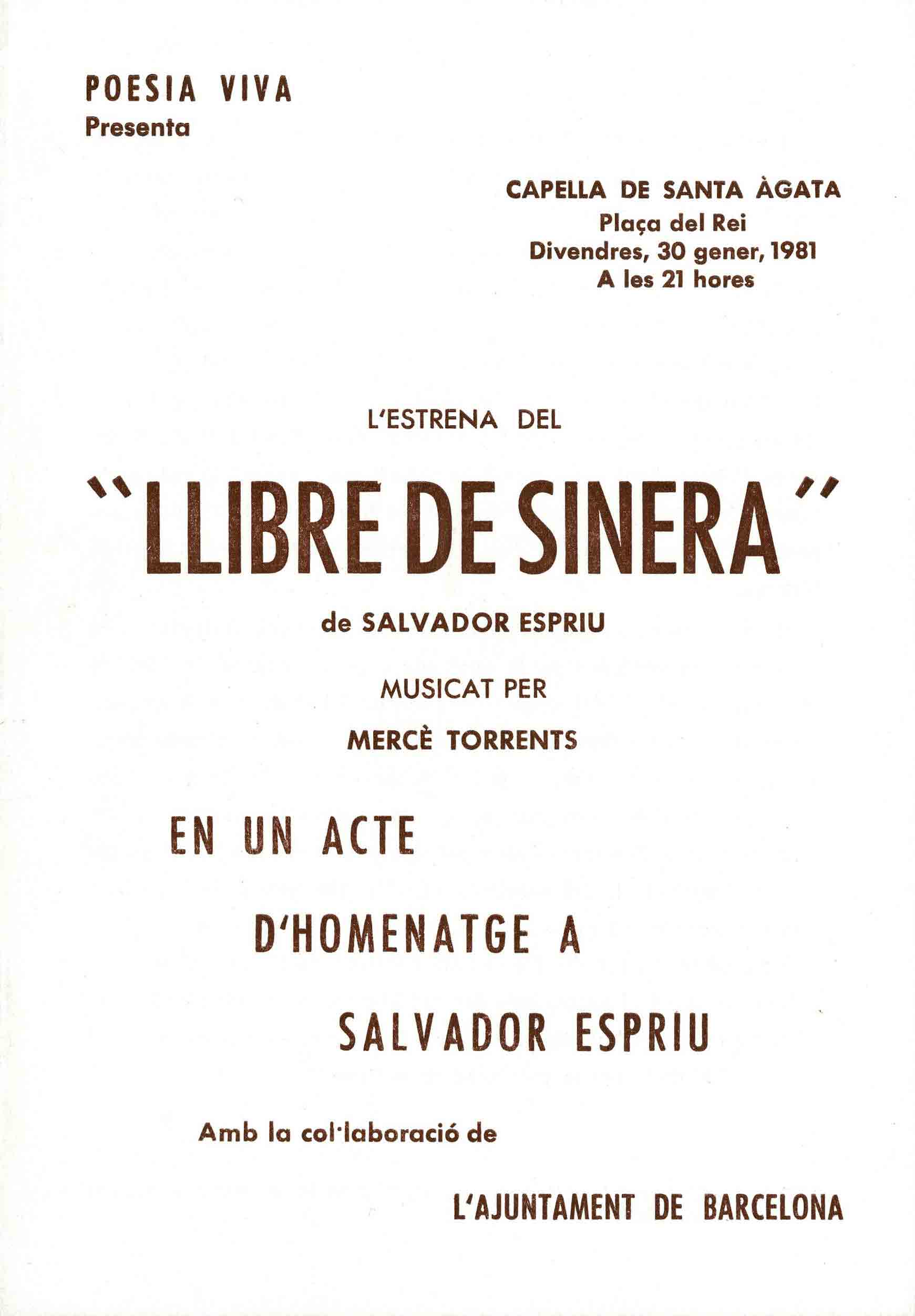 Programa. Llibre de Sinera. Capella Santa Àgeda. 1981