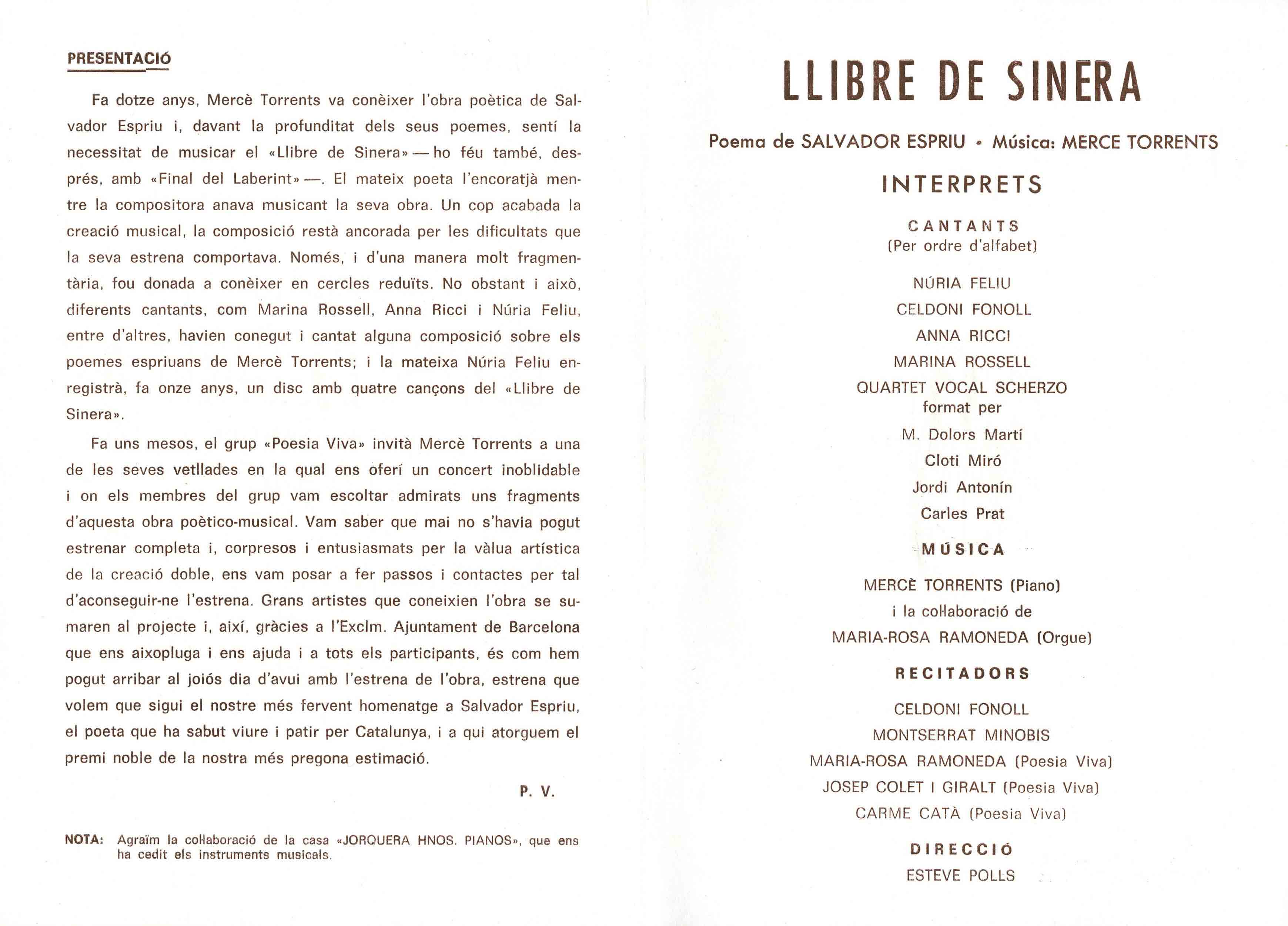 Programa. Llibre de Sinera. Capella Santa Àgeda. 1981
