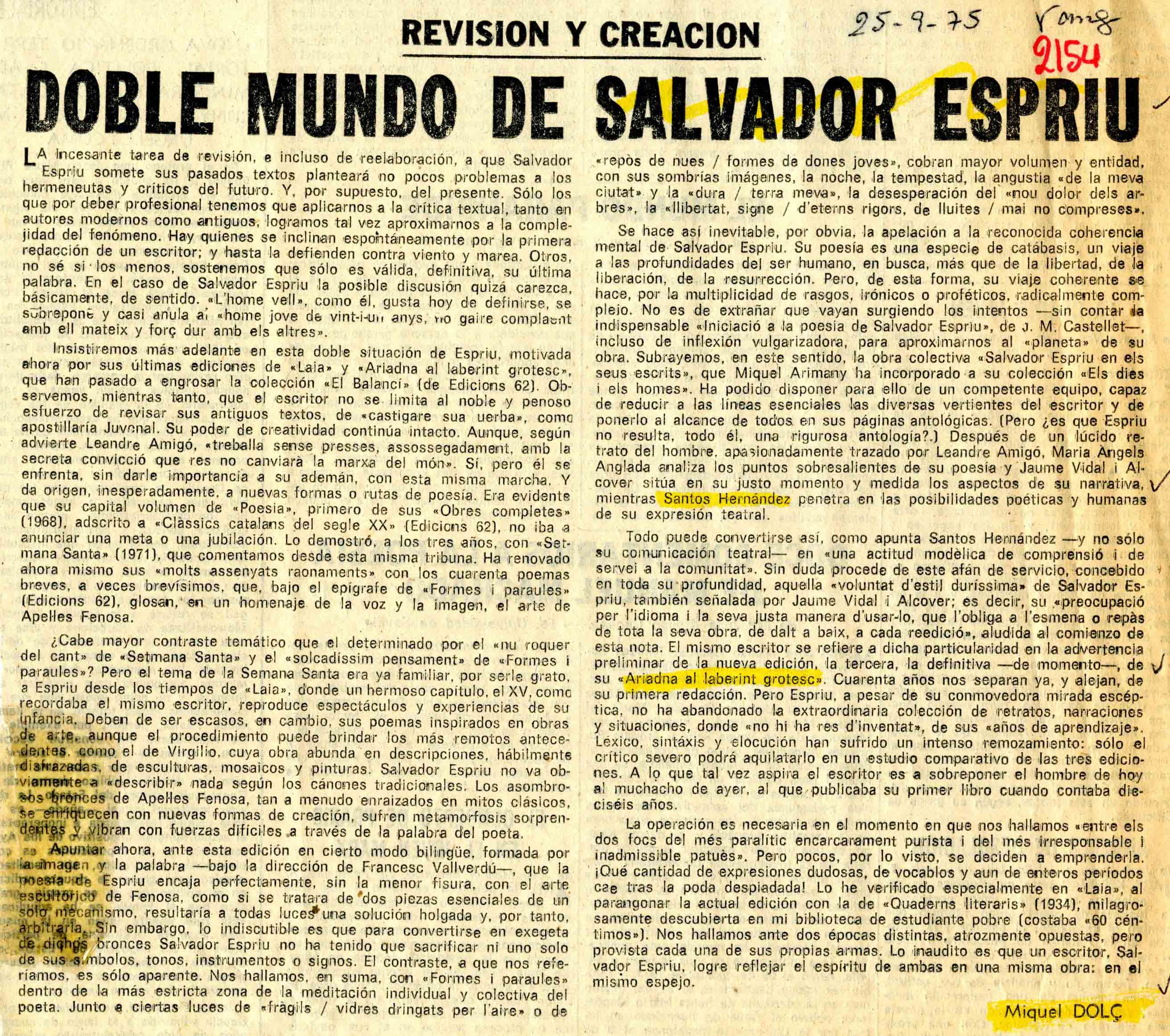 Dolç, Miquel. Doble mundo de Salvador Espriu. La Vanguardia, 25/09/1975