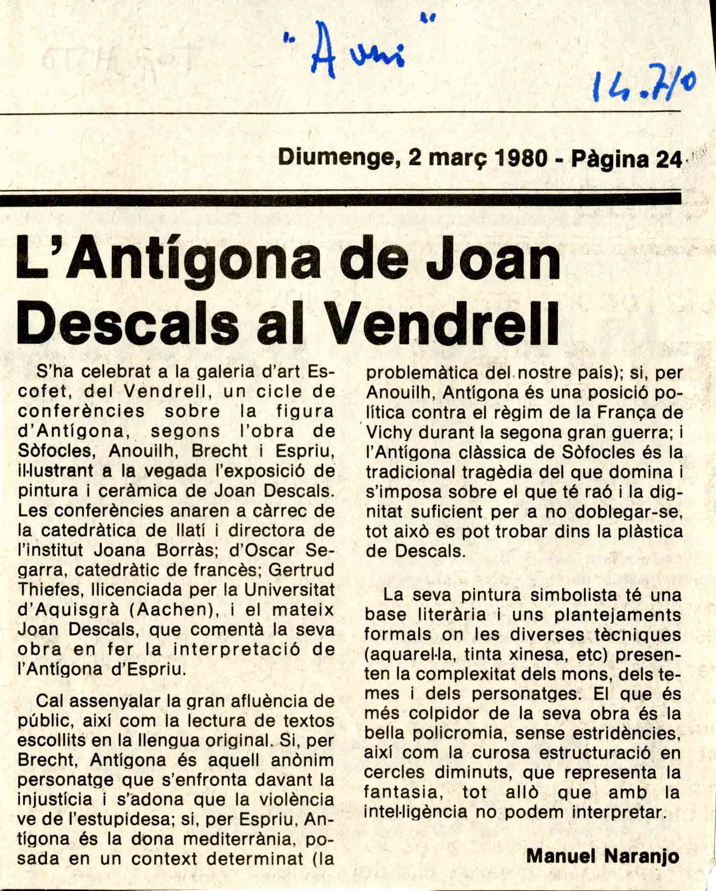 Naranjo, Manuel. L'Antígona de Joan Descals al Vendrell. L'Avui, 02/03/1980