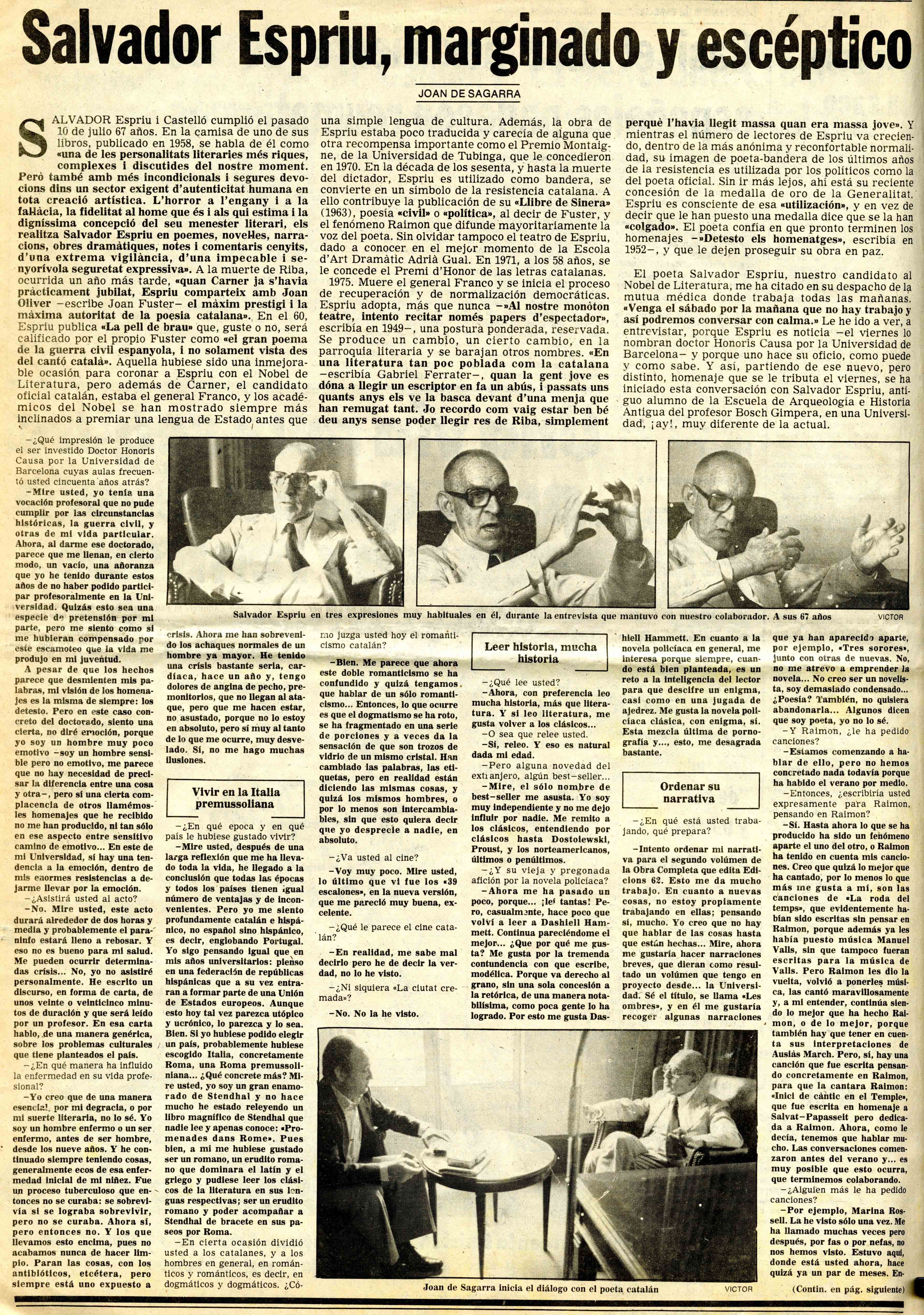 Segarra, Joan de. Salvador Espriu, marginado y escéptico. El Noticiero Universal, 07/10/1980