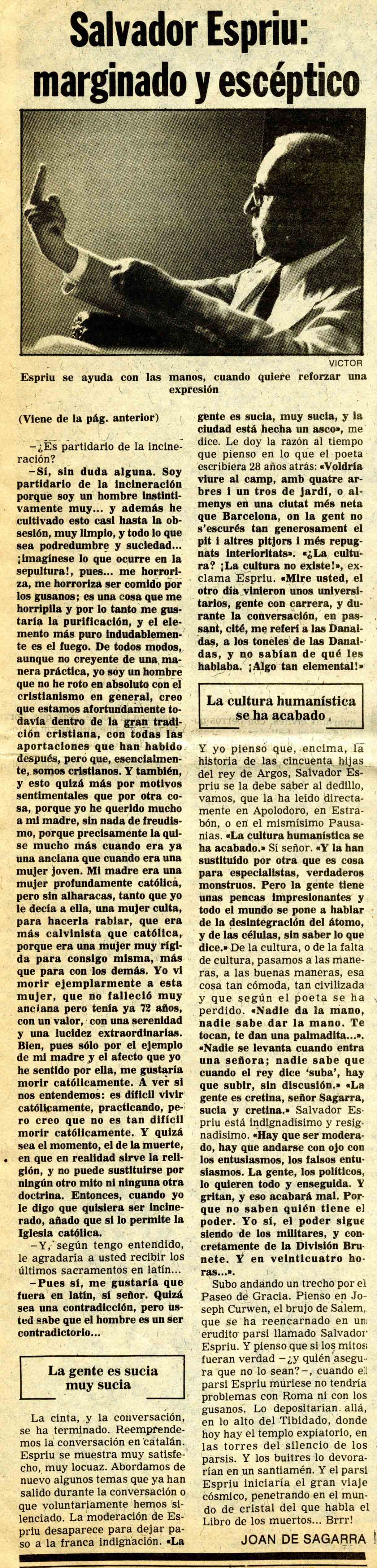 Segarra, Joan de. Salvador Espriu, marginado y escéptico. El Noticiero Universal, 07/10/1980