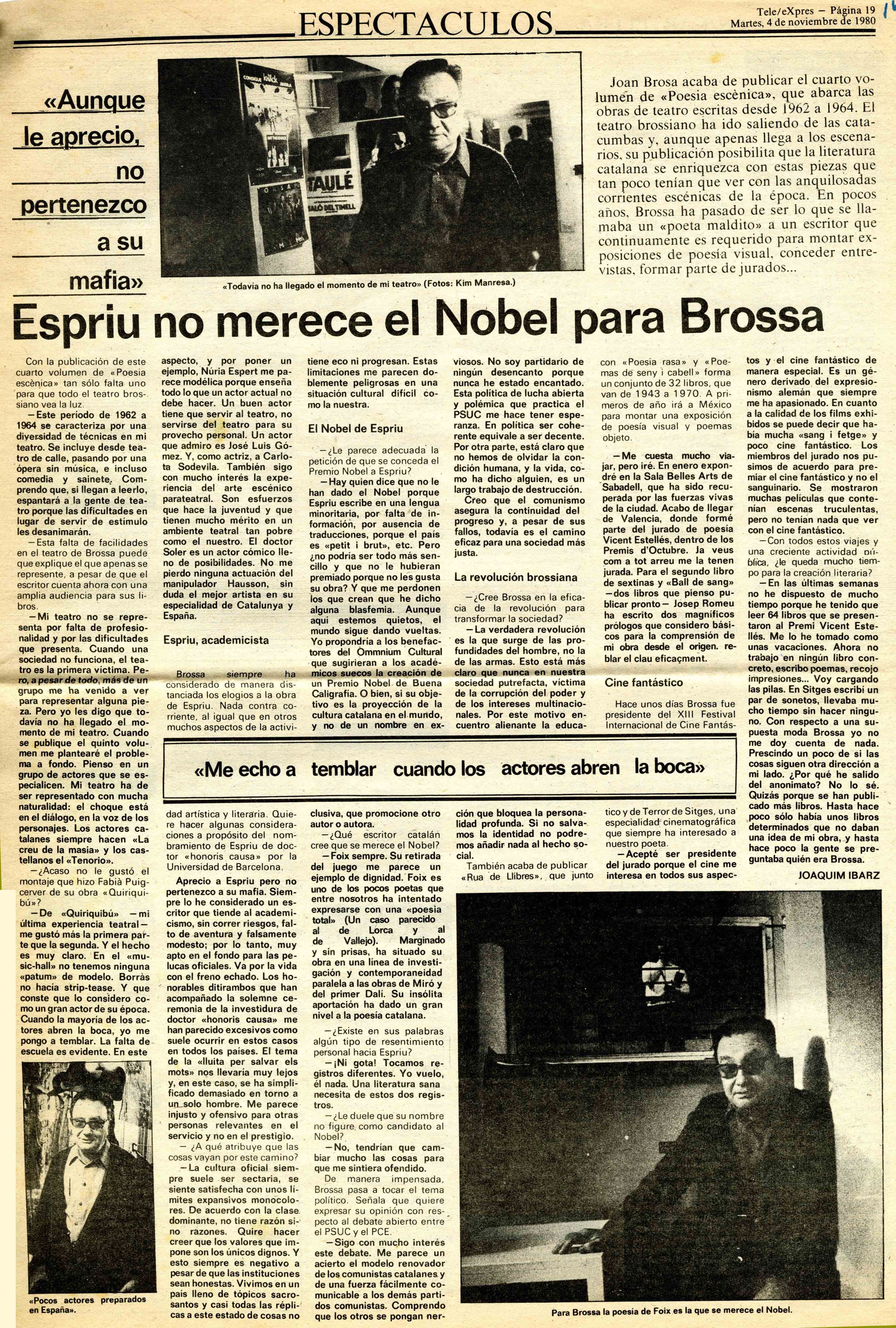 Ibarz, Joaquim. Espriu no merece el Nobel para Brossa. Tele/eXpres, 04/11/1980