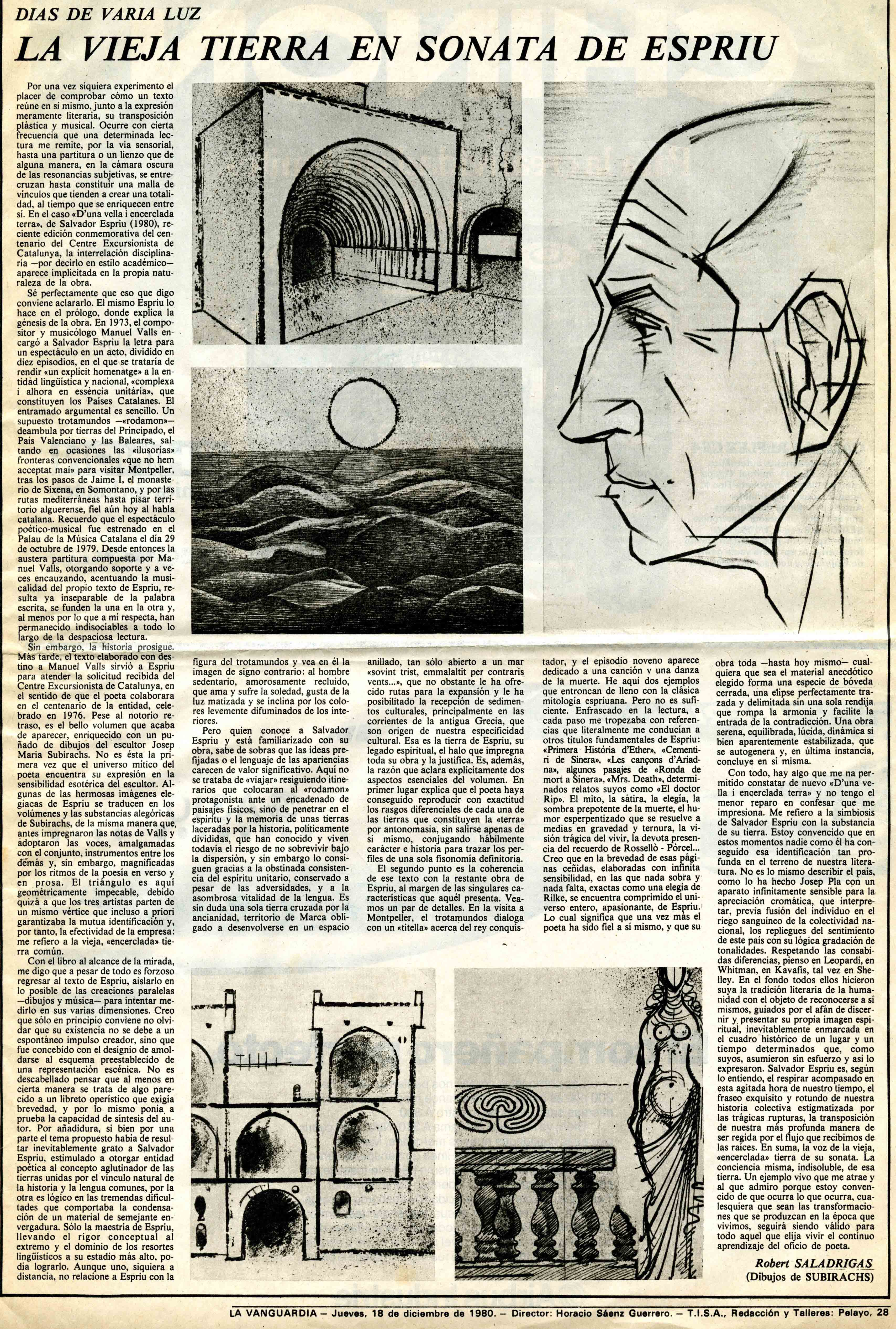 Saladrigas, Robert. La vieja tierra en sonata de Espriu. La Vanguardia, 18/12/1980