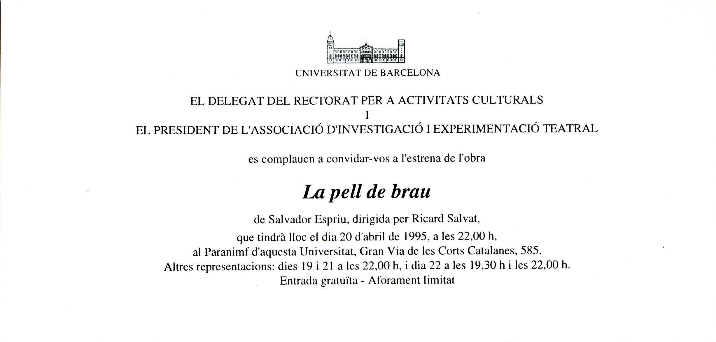 Invitació de l'estrena a la Universitat de Barcelona 1995