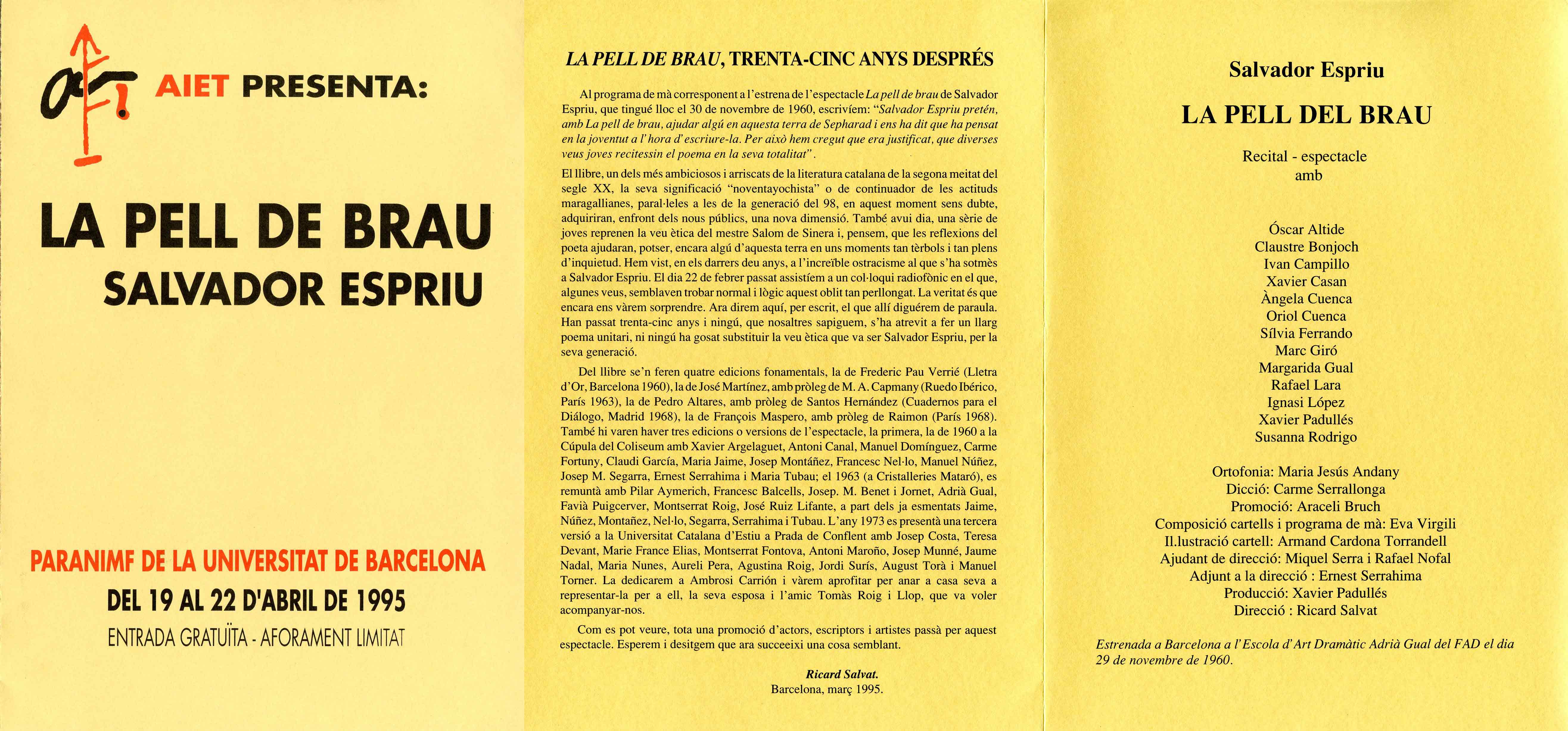 Programa de mà. La pell de brau. AIET. Universitat de Barcelona. 1995