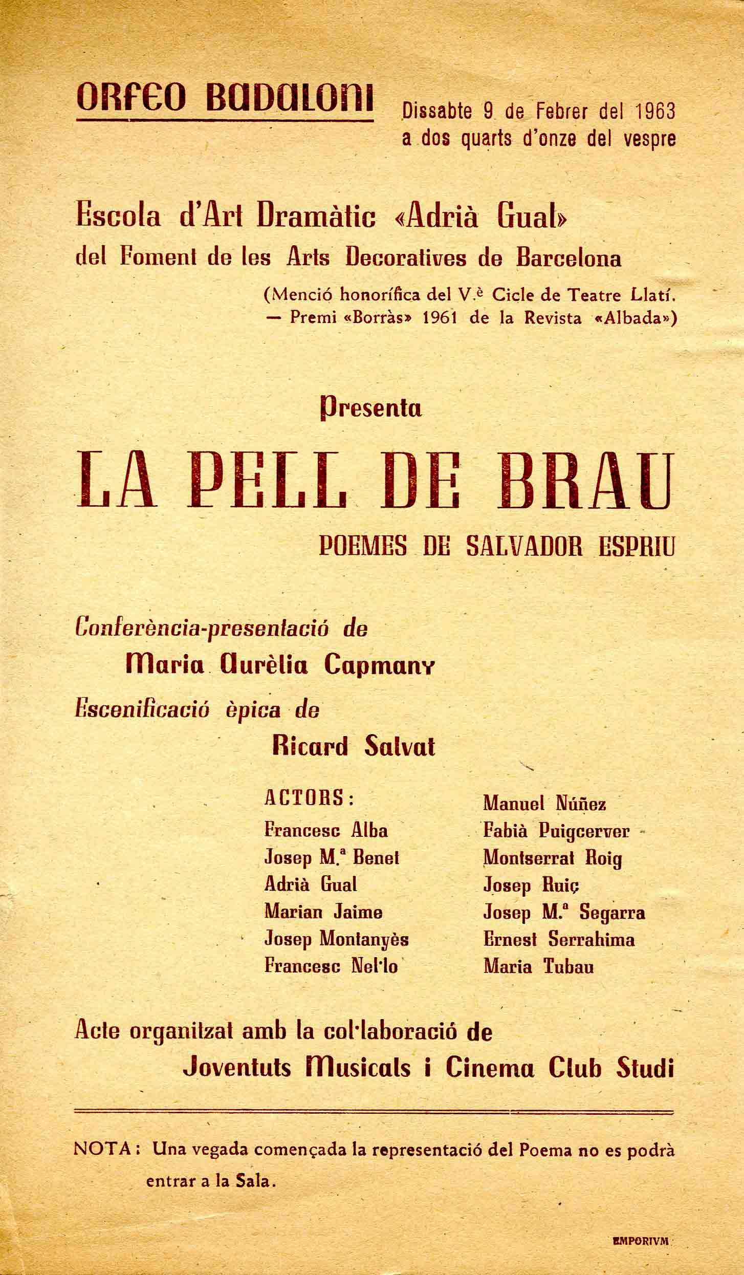 Programa. La pell de brau. EADAG. Orfeó Badaloní. 1963