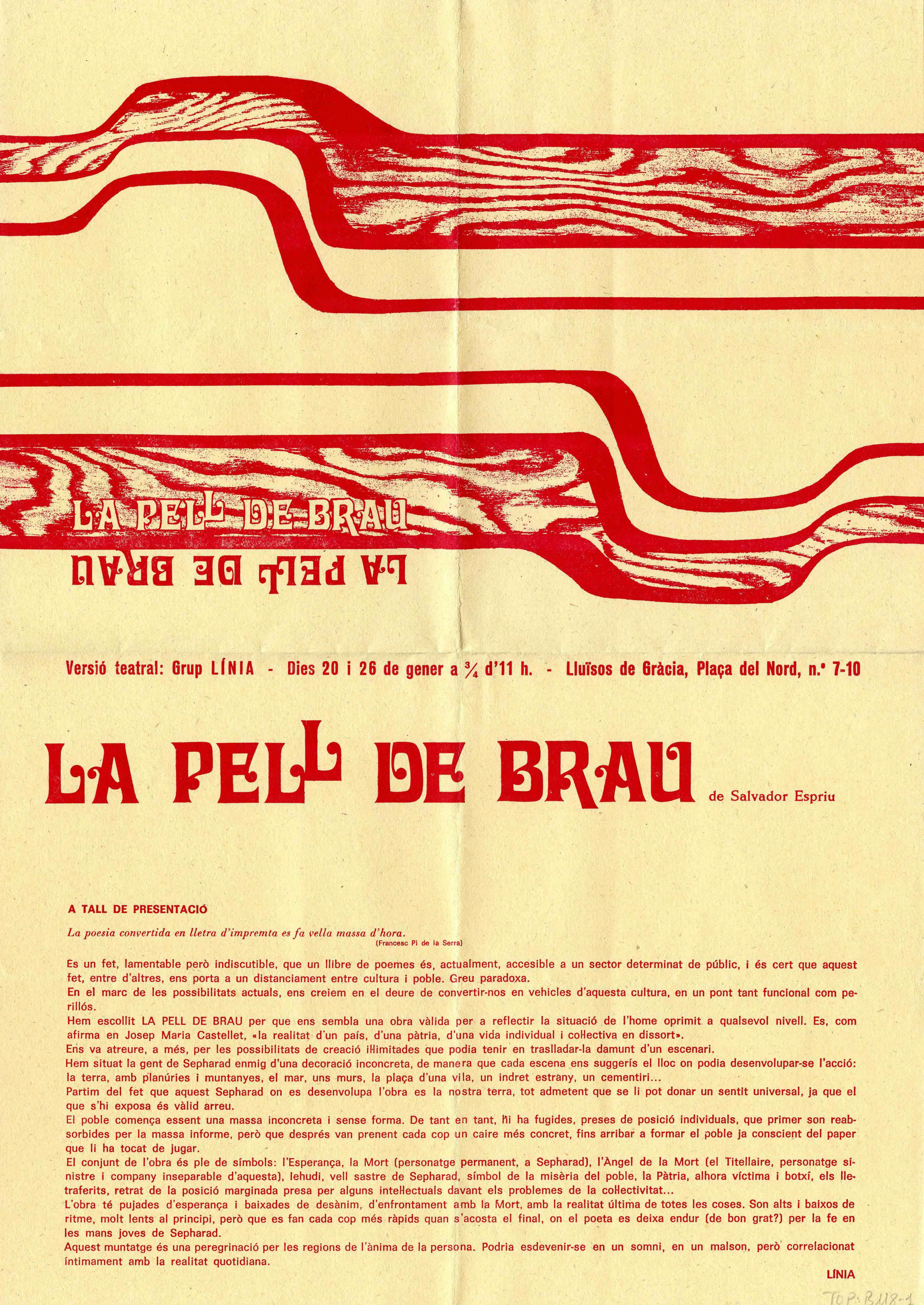 Programa. La pell de brau. Grup Línia. Lluïsos de Gràcia, 1973