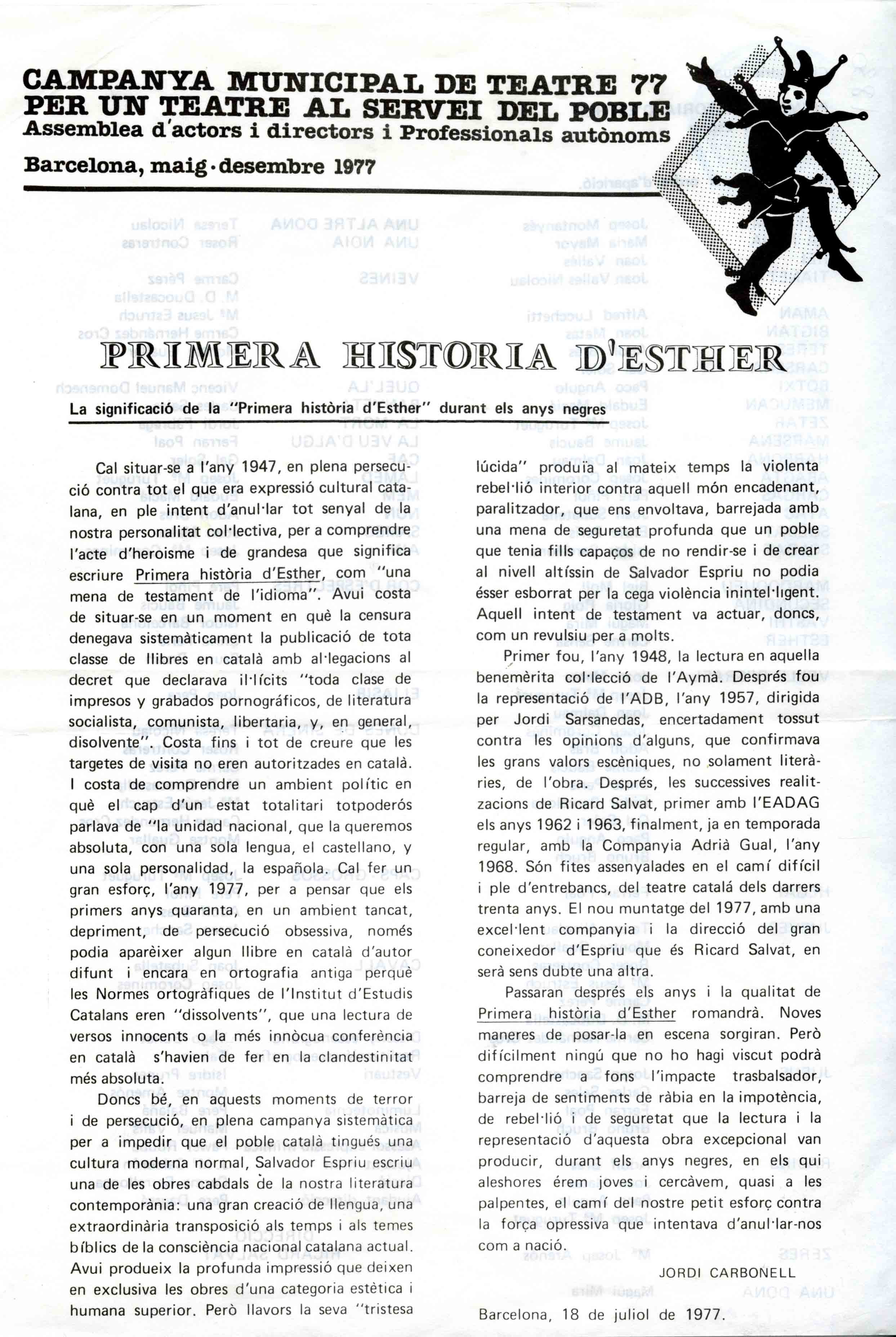 Programa. Primera història d'Esther. Teatre 77. 1977