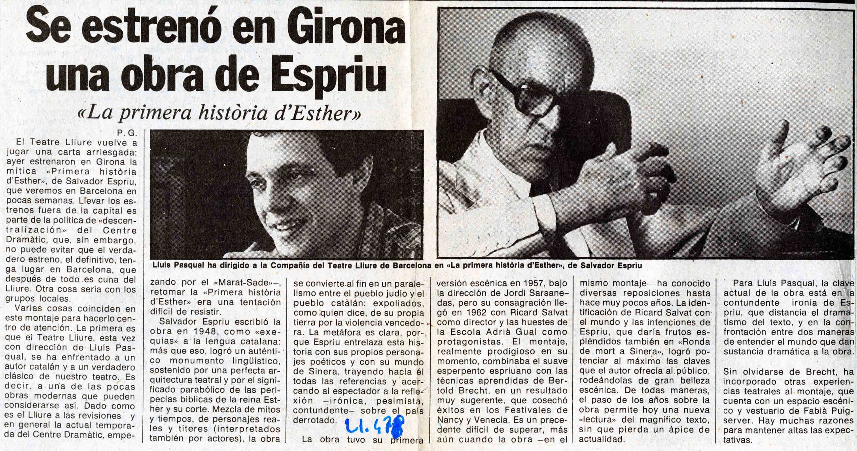 P. G. Se estrenó en Girona una obra de Espriu, 22/05/1982